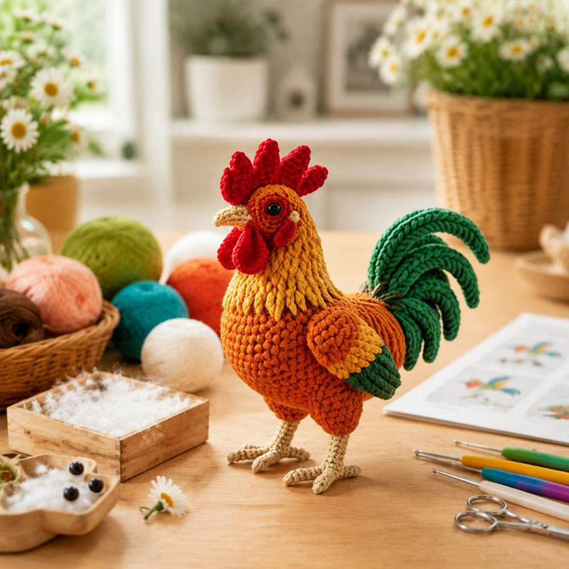 Crochet Kit for Beginners, DIY Rooster Amigurumi Crochet Kit with Step-by-Step Instructions, Complete Starter Kit with Yarn, Hooks & Accessories for Adults Kids, Handmade Craft Gift