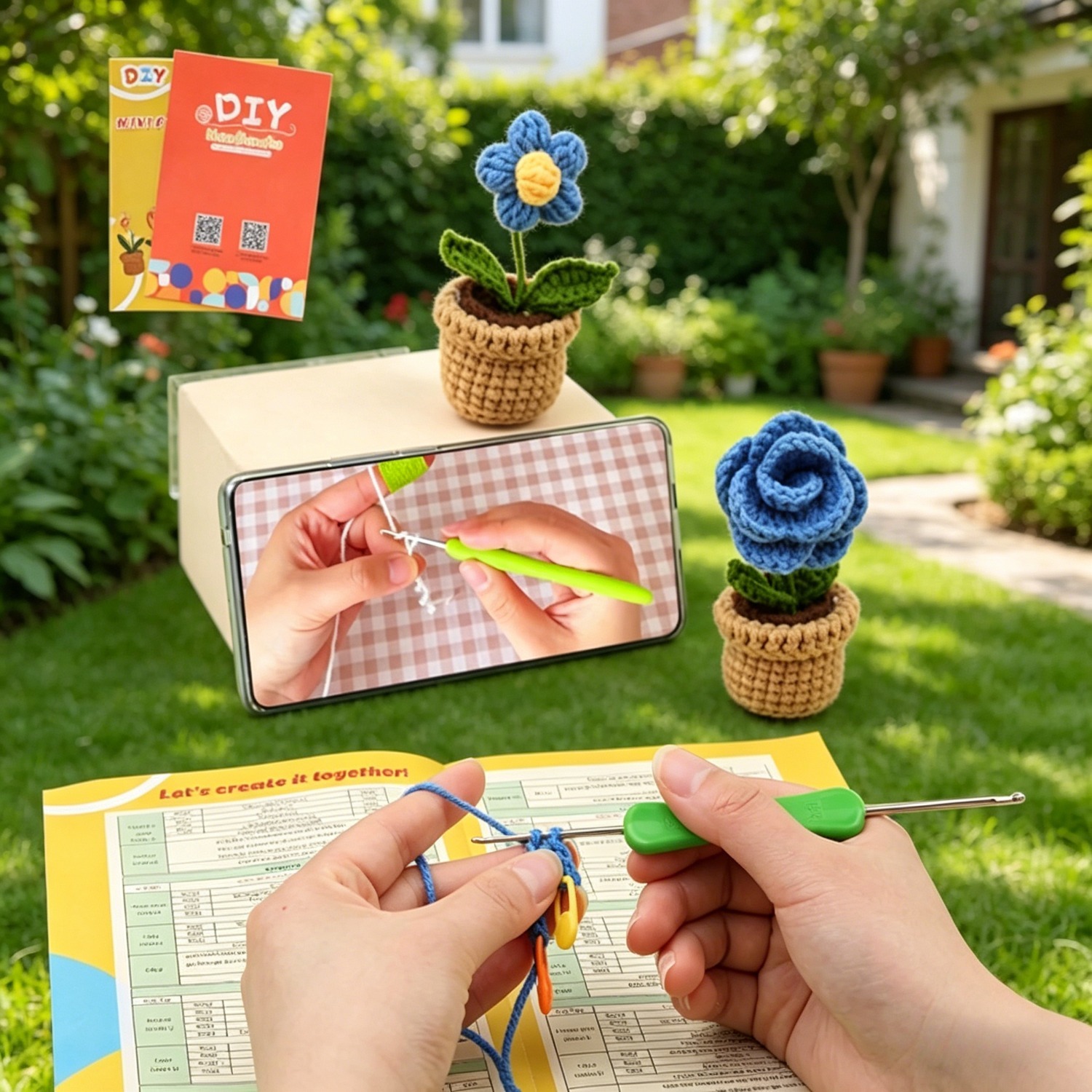 6pcs Mini Flower Pot Crochet Kit for Beginners | DIY Amigurumi Potted Plant Set with Yarn, Hook & Step-by-Step Tutorial | Cute Handmade Gift for Plant Lovers