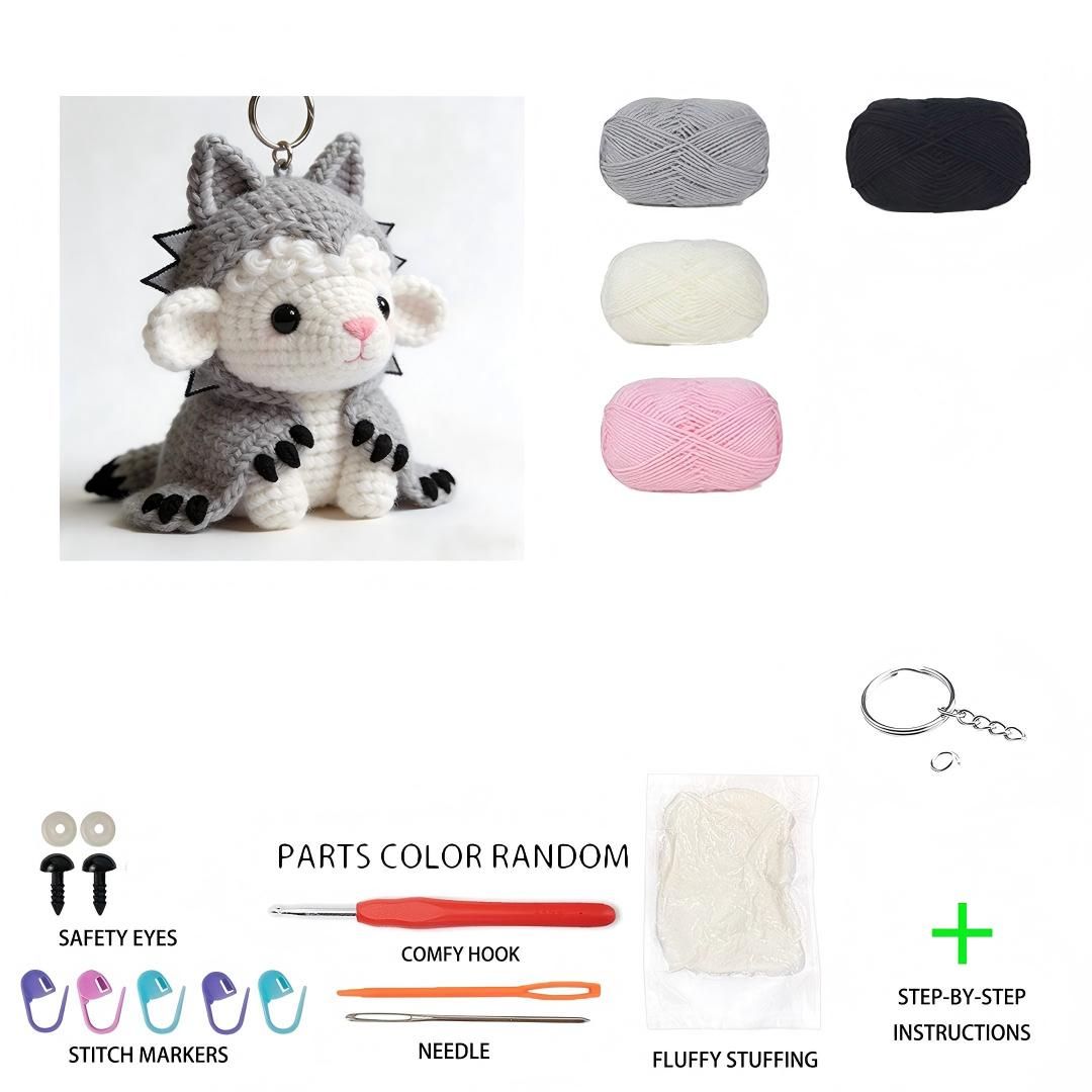 Beginner Friendly Wolf Sheep Keychain Crochet Kit, Cute Mini Lamb in Wolf Costume Amigurumi Crochet Starter Kit with Yarn, Hook, Needle & Accessories, Complete DIY Craft Set with Tutorial for Adults & Kids, Perfect Bag Charm & Handmade Gift