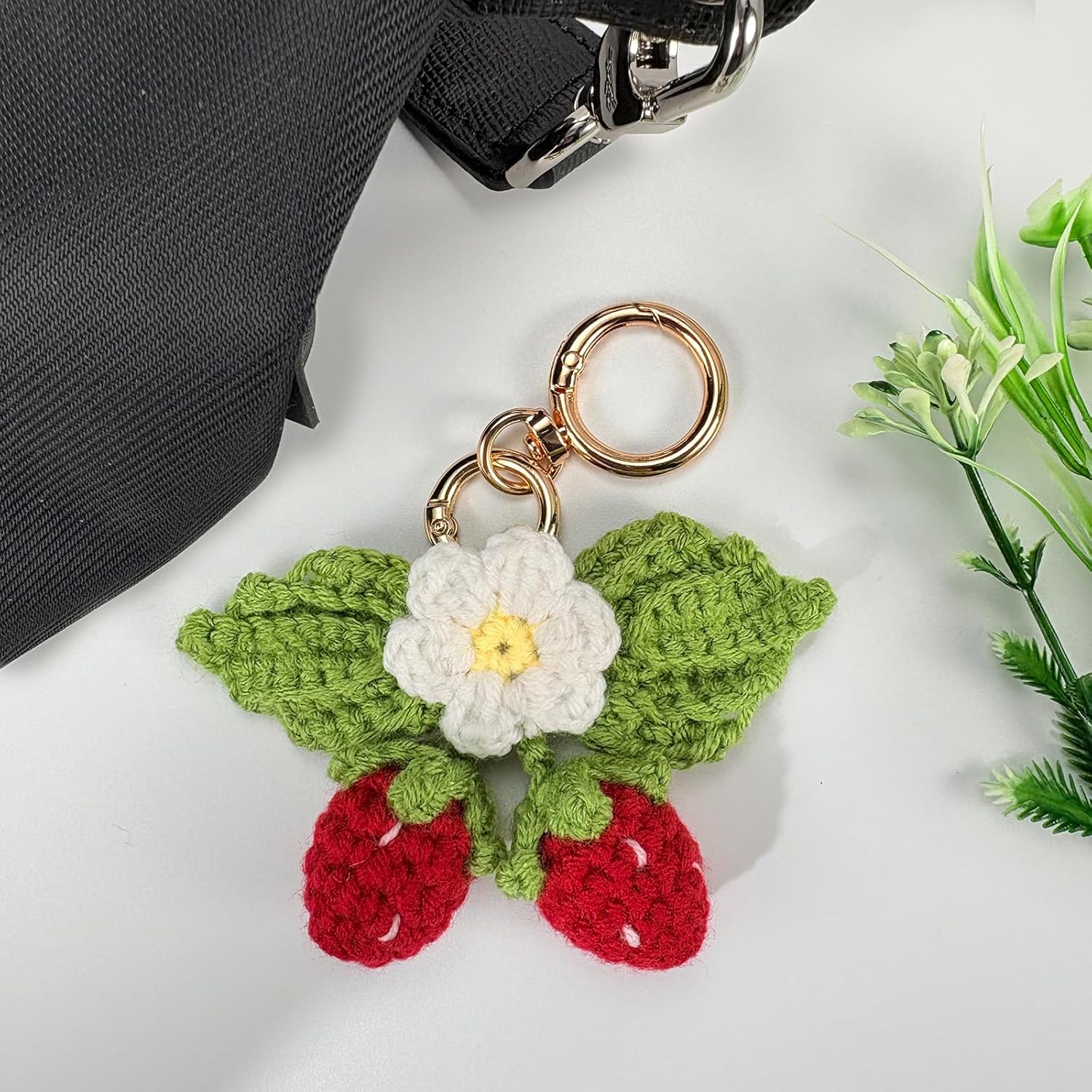 Cute Strawberry Keychain,Kawaii Positive Crochet Bag Charms for Handbags,Flower Key Chain,Boho Daisy Kindle Accessories-Hookcrafted