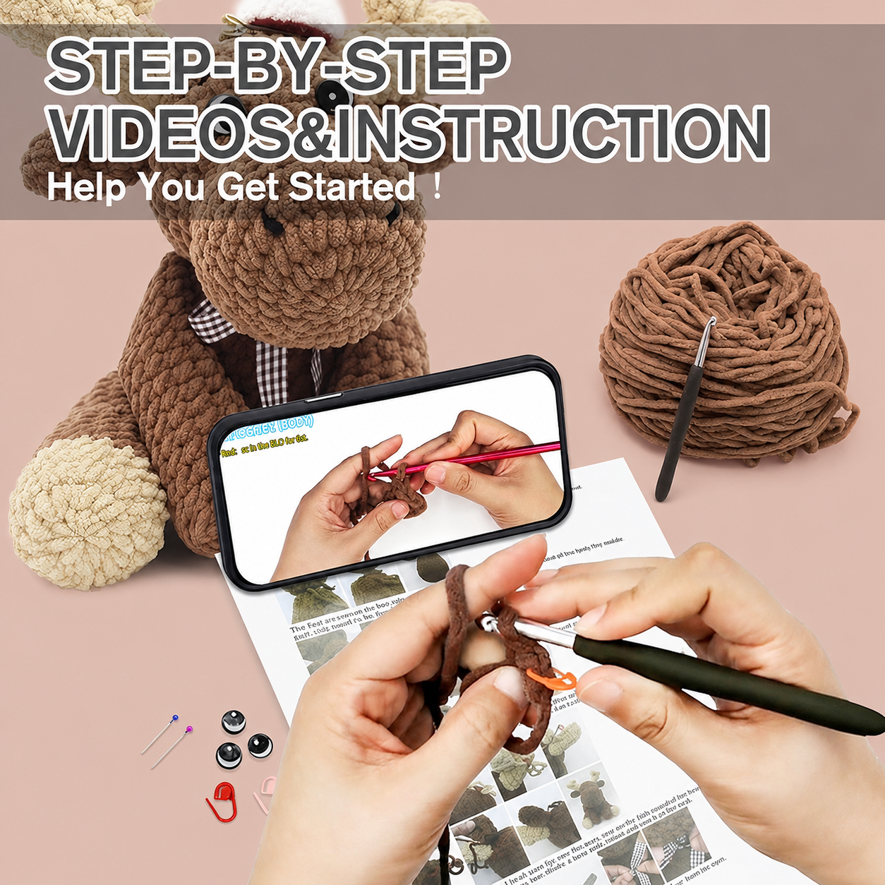 Christmas Reindeer Crochet Kit for Beginners | Large 11.8in Amigurumi DIY Set with Yarn, Hook & Step-by-Step Video Tutorials for Adults & Kids