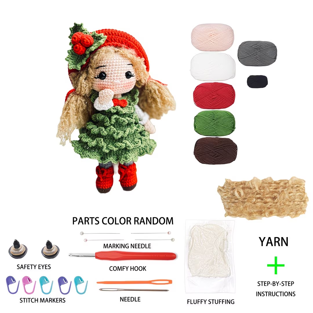 Christmas Girl Crochet Plush Kit for Beginners | DIY Amigurumi Holiday Doll Set with Yarn, Hook & Step-by-Step Tutorial | Cute Handmade Gift for Festive Lovers