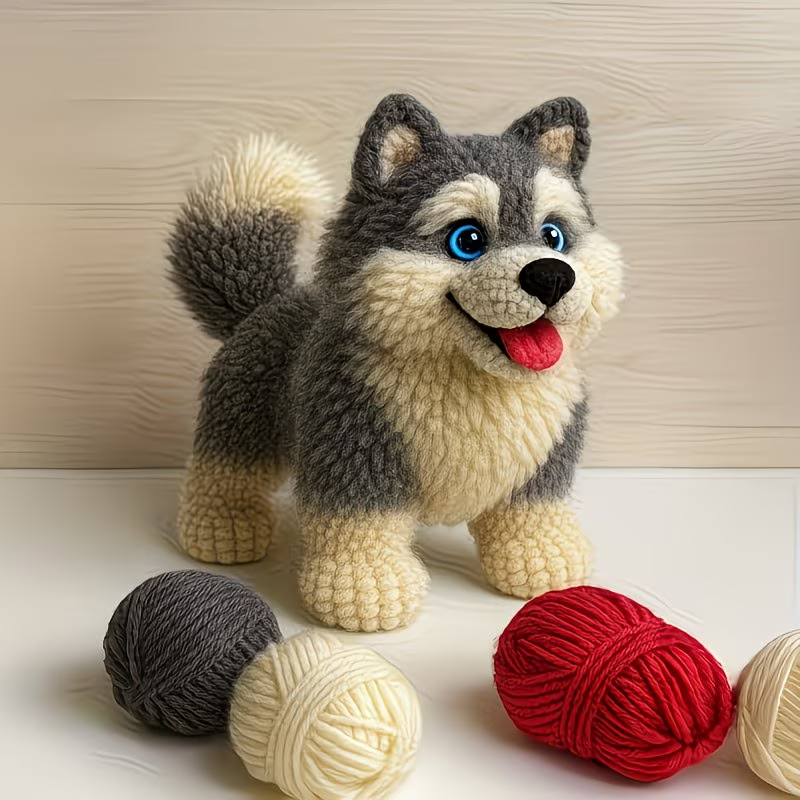 Husky Crochet Plush Kit for Beginners | DIY Amigurumi Stuffed Animal Set with Yarn, Hook & Step-by-Step Tutorial | Cute Handmade Gift for Dog Lovers