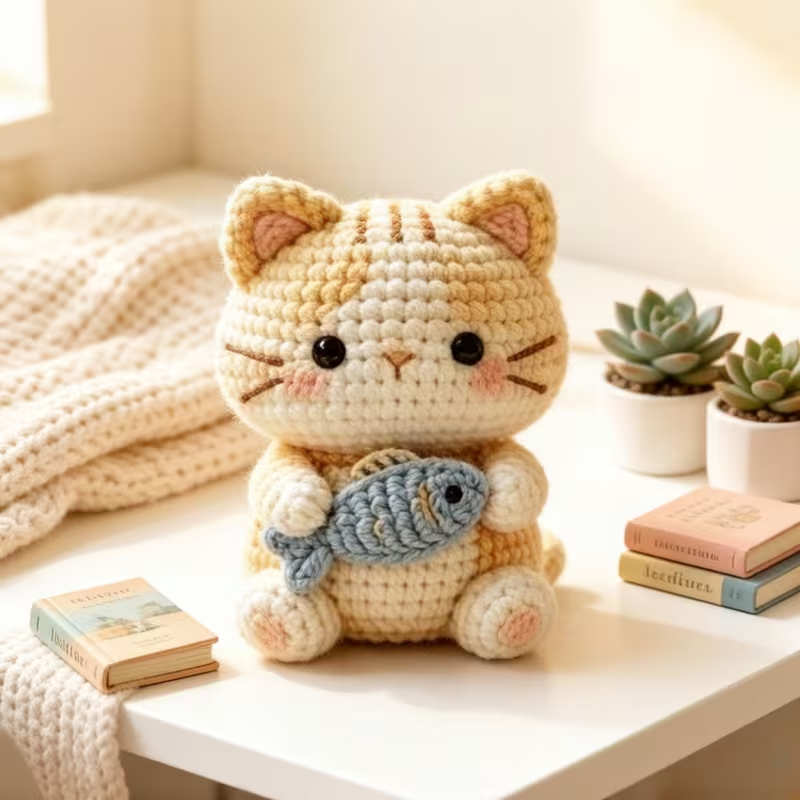 1pc Complete DIY Cat with Fish Crochet Kit Suitable for Beginners, Amigurumi Craft Set with Yarn, Tools & Tutorial - Handmade Orange Kitten Plush, Yarn & Hooked Crochet Project for Kids Adults, Easy Start Gift for Crafters
