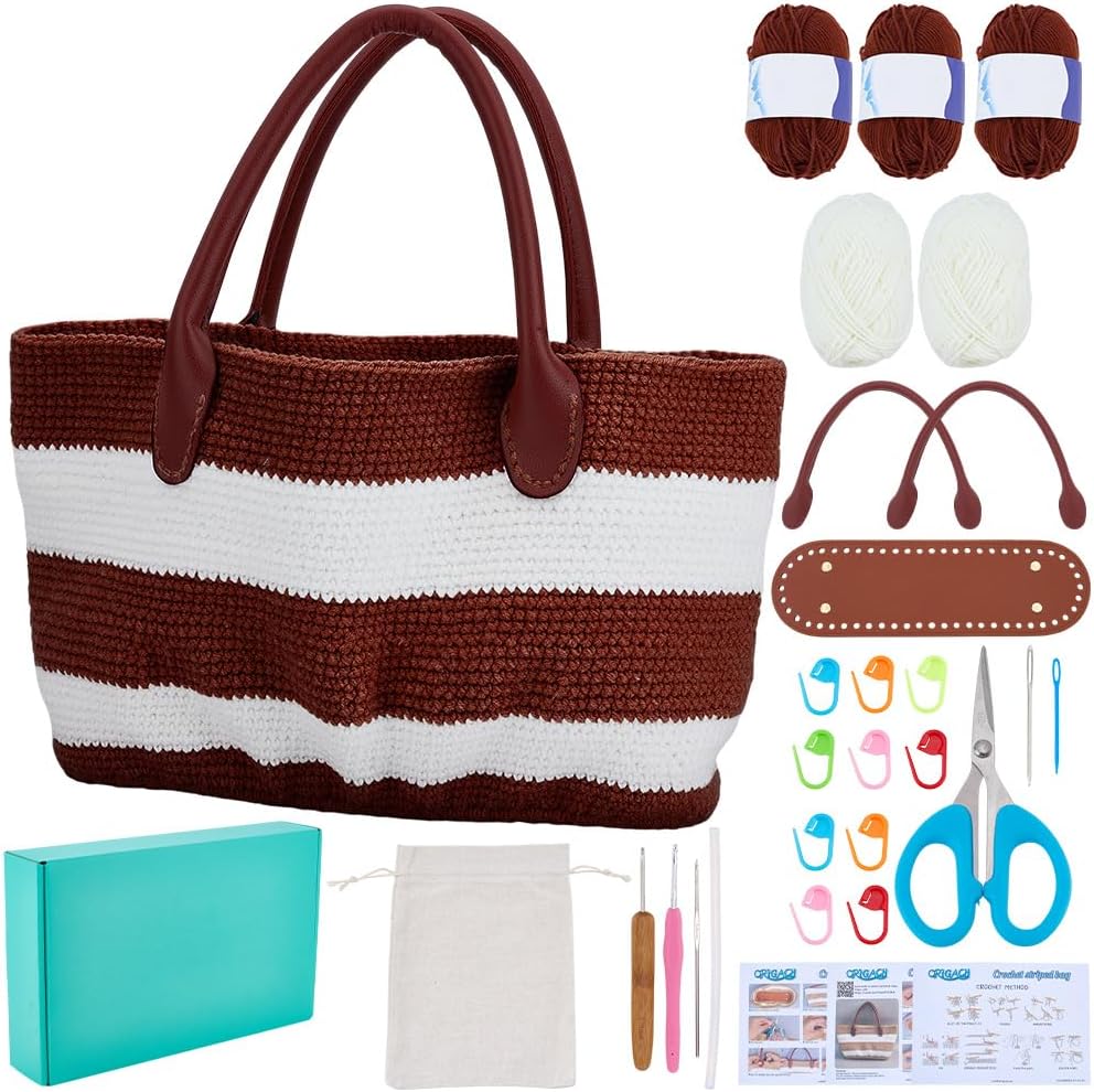 DIY Crochet Handbag Kit for Beginners, Khaki Striped Crochet Bag with PU Leather Band and Base, Complete Crochet Set to Make a Bag, Include Yarn, Crochet Hooks, Markers and Instruction