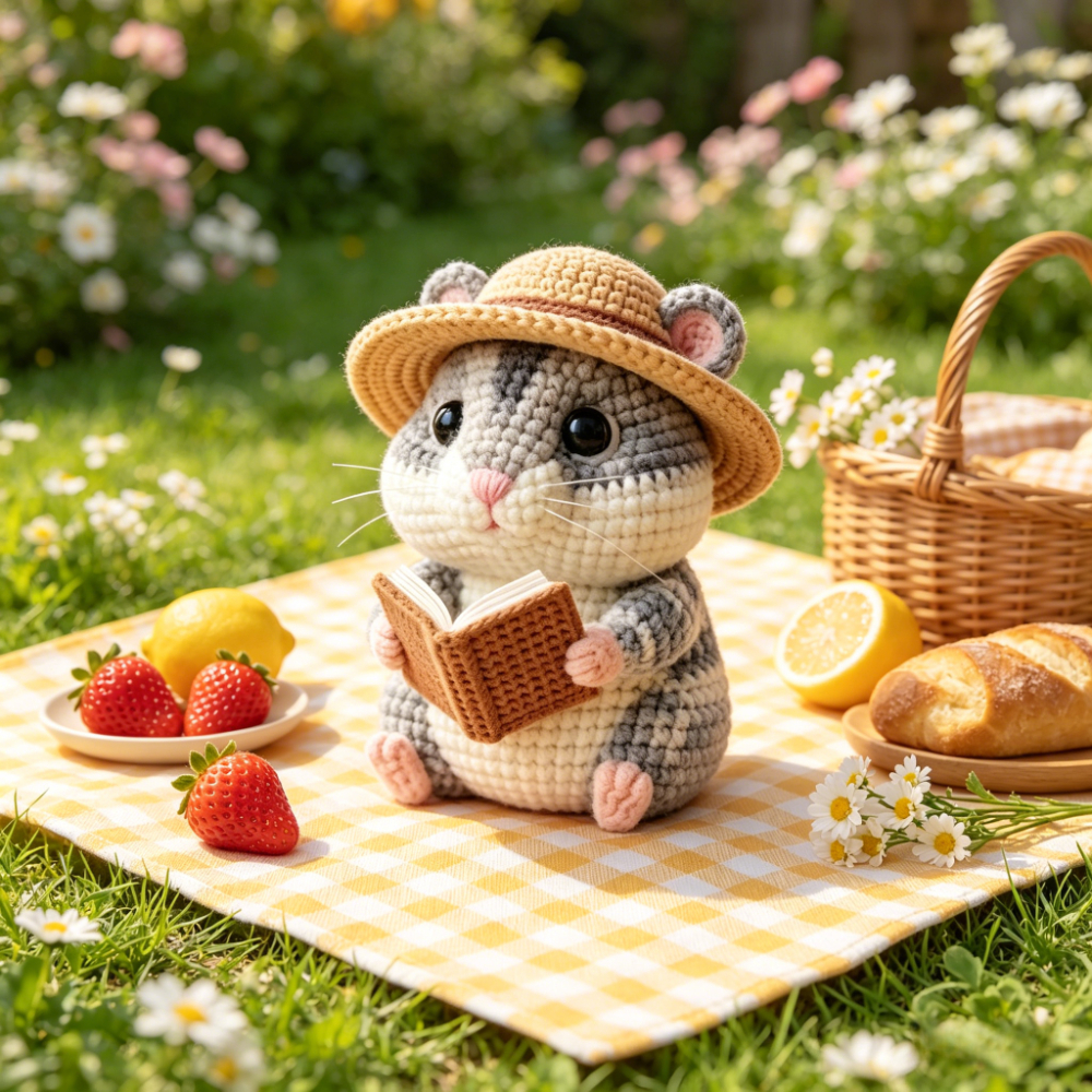 Adorable Hamster Crochet Kit, Full Amigurumi Pet Doll Craft Set with All Supplies: Soft Yarn, Hook, Safety Eyes, Fluffy Stuffing & Tutorial, Handmade Knitted Hamster Plush with Book/Flower/Pirate Style, Great Gift for Animal Lovers, Home Decor