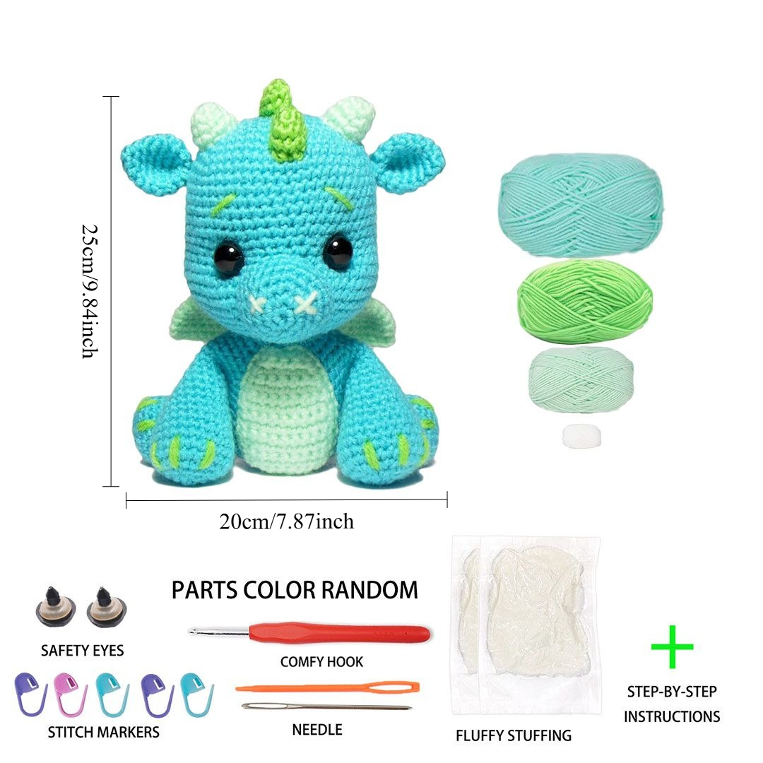 1pc Cute Blue Dinosaur Crochet Kit for Beginners, Complete DIY Amigurumi Dragon Plush Doll Craft Set with All Materials, Yarn, Tools & Tutorial, Handmade Knitted Turquoise Dinosaur, Perfect Gift for Kids, Fantasy Lovers, Home Decor, Easy & Fun