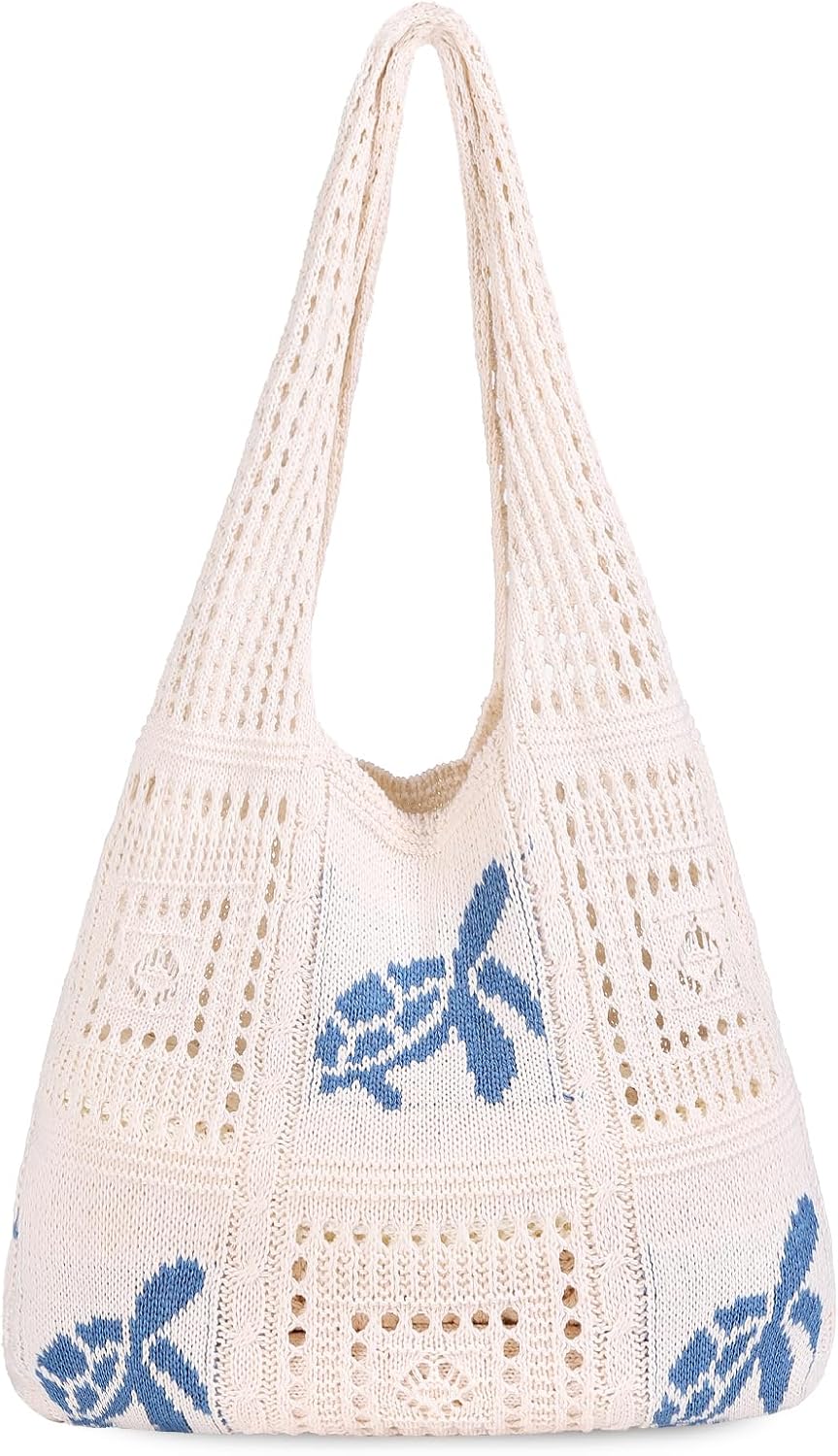 Crochet Tote Bag, Mesh Beach Bag Knit Summer Hobo Bag Vacation Boho Tote Bag for Women