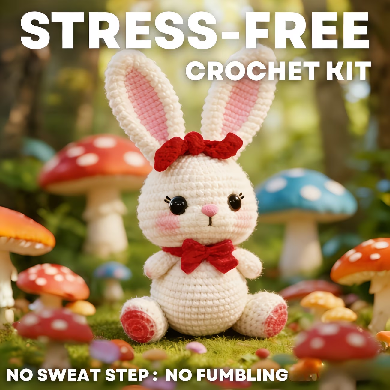 Red Bow Bunny Crochet Plush Kit for Beginners | DIY Amigurumi Stuffed Animal Set with Yarn, Hook & Step-by-Step Tutorial | Sweet Handmade Gift for Rabbit Lovers-Hookcrafted