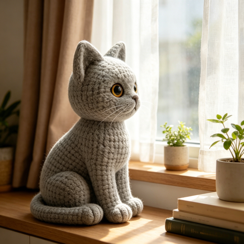1pc Cute British Shorthair Cat Crochet Kit for Beginners, Complete Amigurumi Animal Doll Craft Set with All Materials And Tutorial, Handmade Knitted Gray Cat Plush, Perfect Gift for Cat Lovers, Home Decor