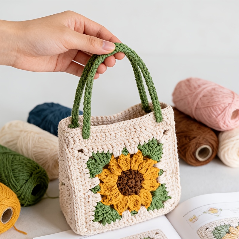 Complete DIY Crochet Sunflower Handbag Craft Kit Suitable for Women's Handmade Making with Yarn, Hook & Buttons - - Crochet Book/Video Tutorial Guide, English Instructions for Adult Beginners, Birthday Gift (No Finished Product)