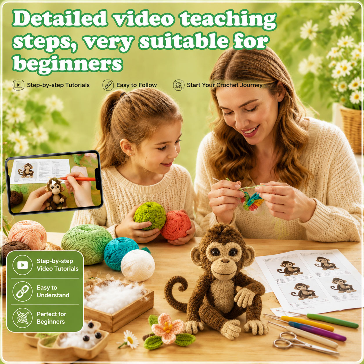Crochet Kit for Beginners, DIY Monkey Amigurumi Crochet Kit with Step-by-Step Instructions, Complete Starter Kit with Yarn, Hooks & Accessories for Adults Kids, Handmade Craft Gift