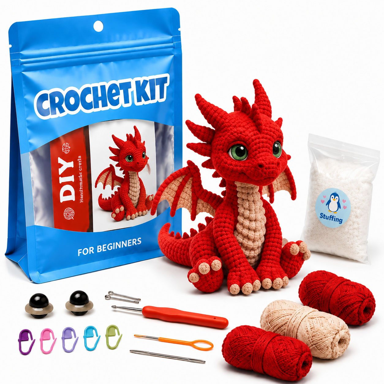 Crochet Kit for Beginners, DIY Cute Red Dragon Amigurumi Crochet Kit with Step-by-Step Instructions, Complete Starter Kit with Yarn, Hooks & Accessories for Adults Kids, Handmade Craft Gift