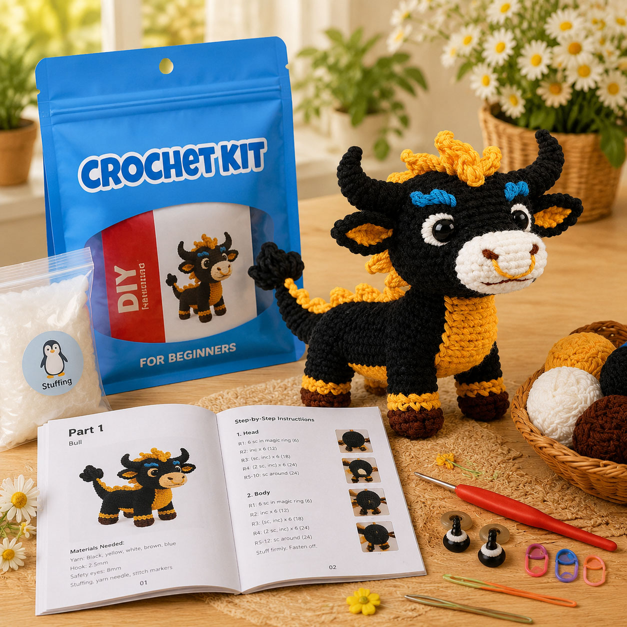 Crochet Kit for Beginners, DIY Bull Amigurumi Crochet Kit with Step-by-Step Instructions, Complete Starter Kit with Yarn, Hooks & Accessories for Adults Kids, Handmade Craft Gift