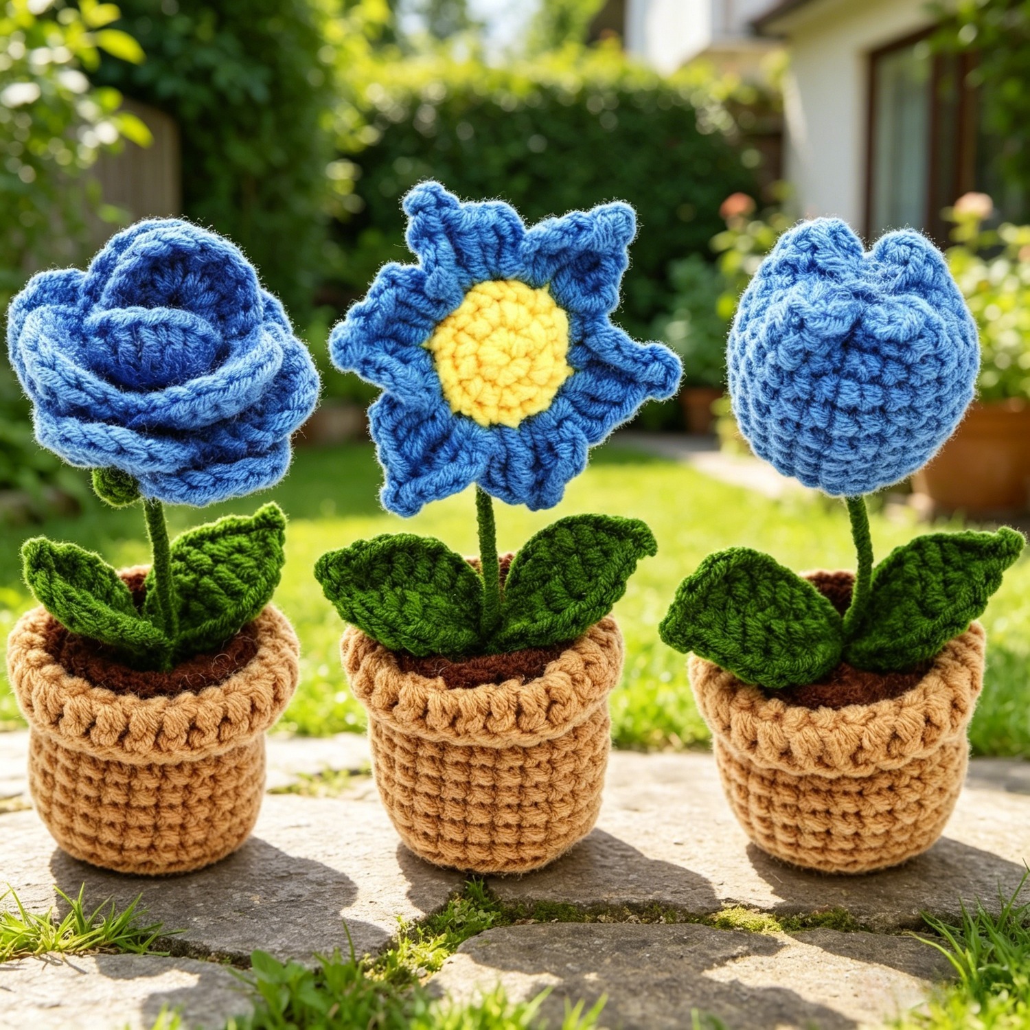 3Pcs Little Blue Flowers Beginner Crochet Kit| DIY Amigurumi Potted Plant Set with Yarn, Hook & Step-by-Step Tutorial | Cute Handmade Gift for Plant Lovers