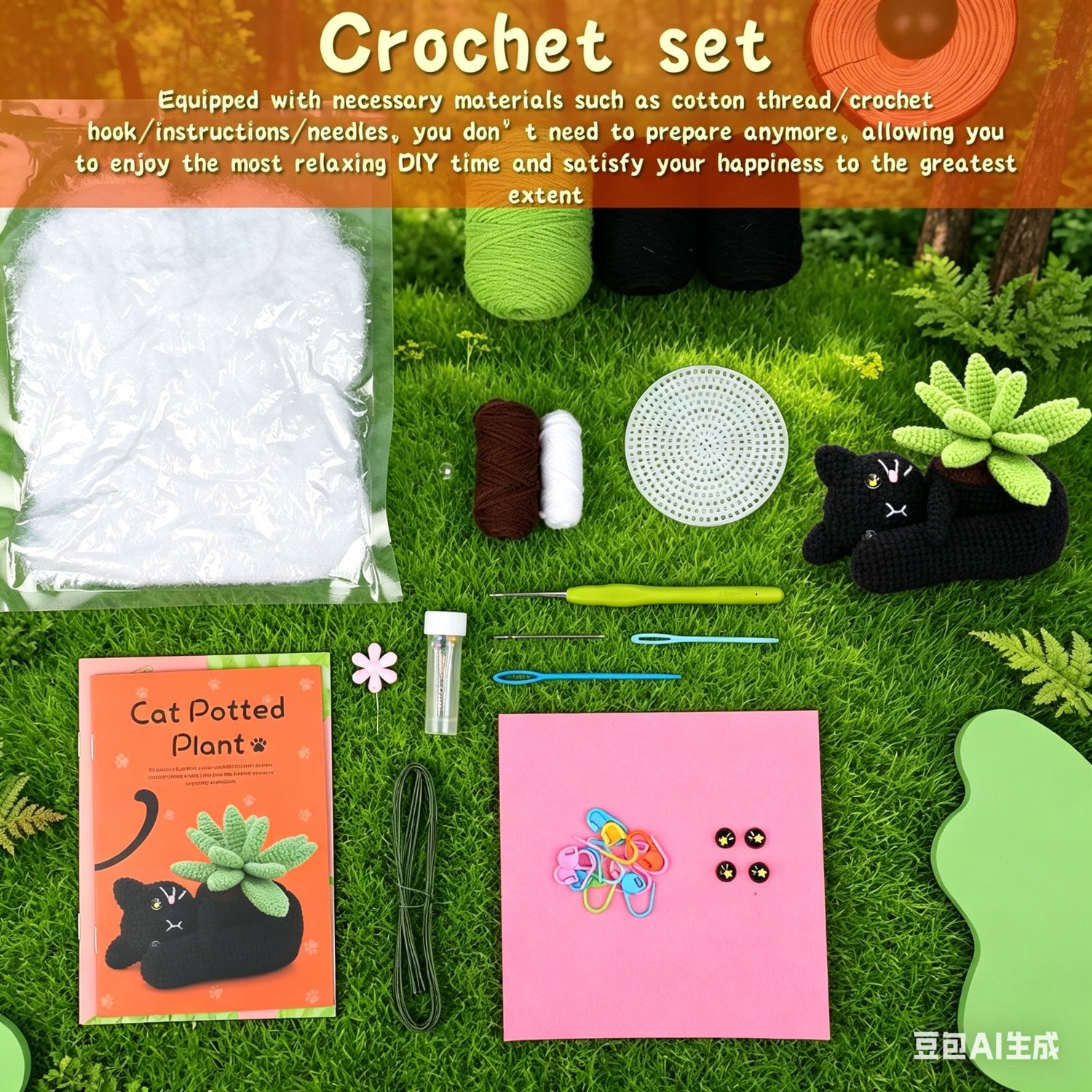 Black Cat Planter Crochet Kit for Beginners | DIY Amigurumi Cat-Shaped Succulent Pot Set with Yarn, Hook & Step-by-Step Tutorial | Cute Handmade Gift for Plant & Cat Lovers