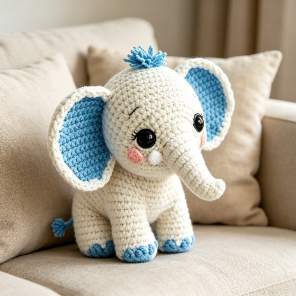 1pc Cute Elephant Crochet Kit for Beginners, Complete Amigurumi Set with Yarn, Tools And Tutorial, Handmade Knitted White And Blue Elephant Plush, Perfect Gift for Kids And Adults, Easy to Start Crochet Project for Craft Lovers-Hookcrafted