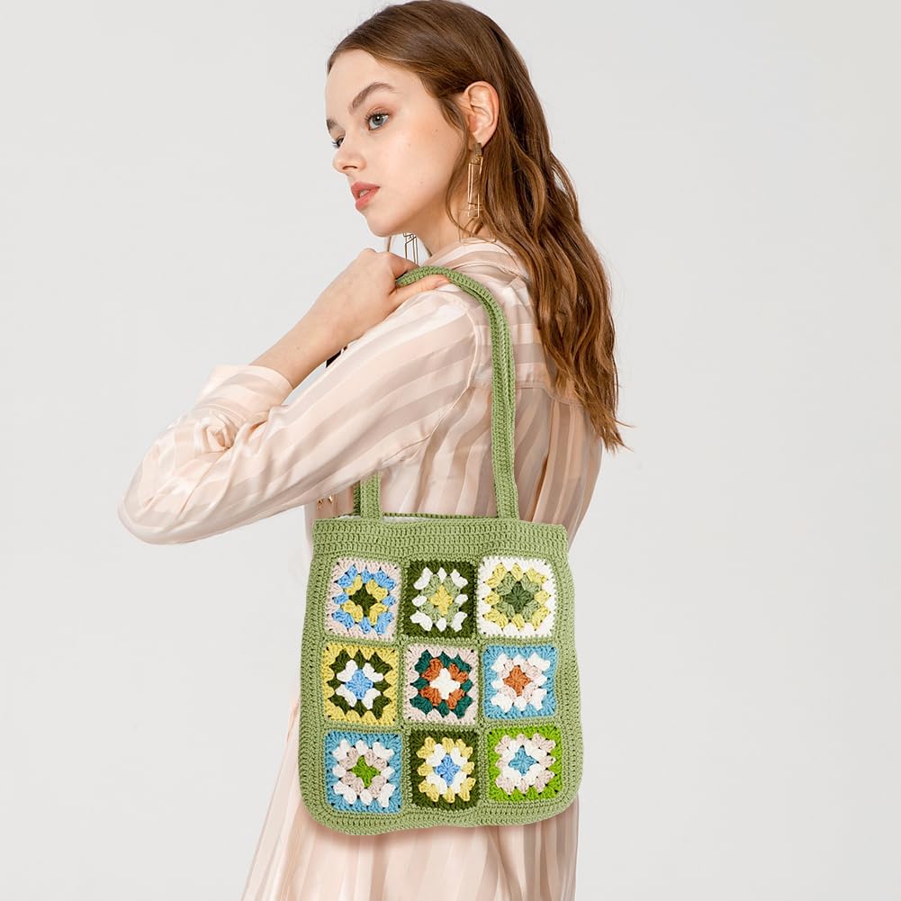 DIY Crochet Tote Bag Kit for Adults, Green Granny Square Shoulder Bag Set for Starter, Complete Accessories Tools to Make a Bag with Instruction and Video-Hookcrafted