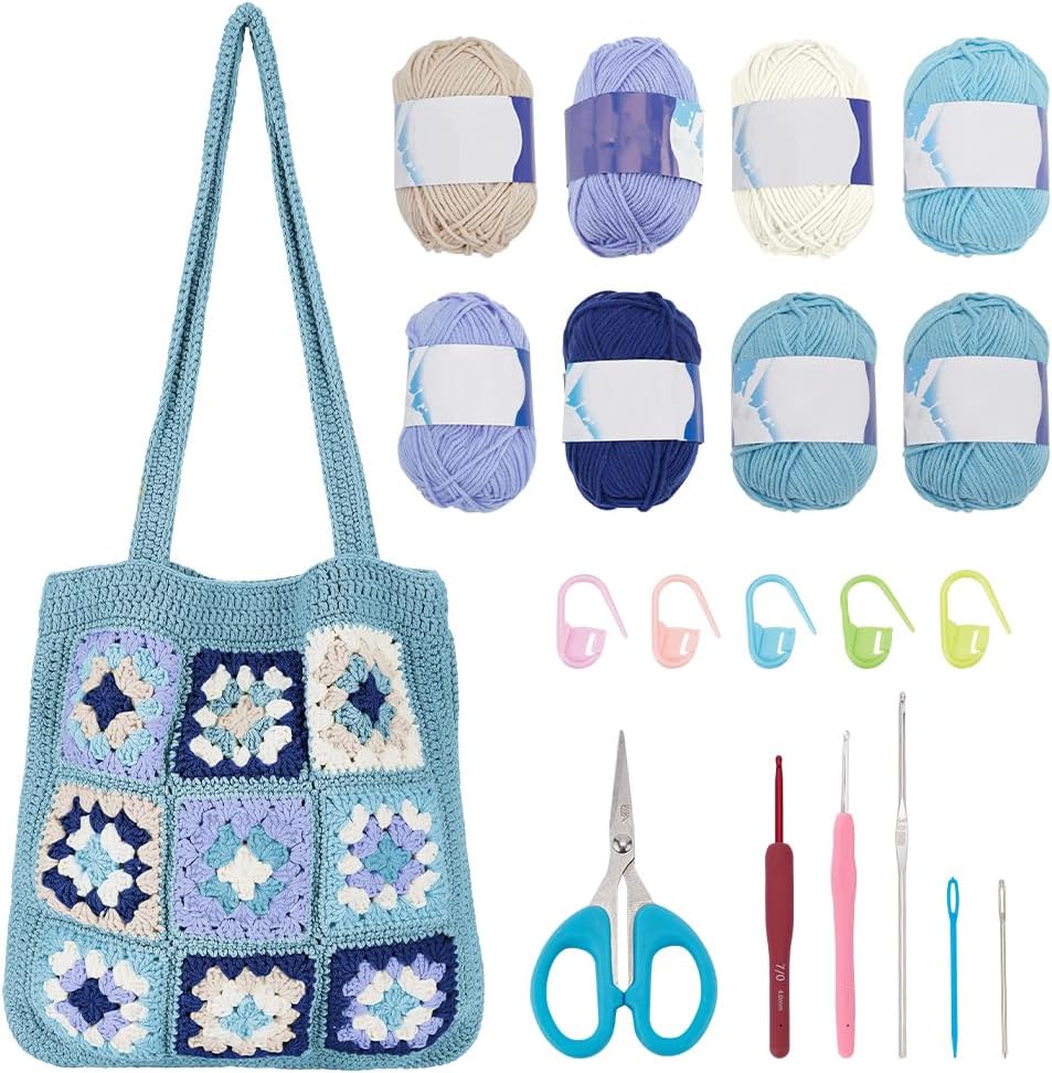 DIY Crochet Tote Bag Kit for Adults, Green Granny Square Shoulder Bag Set for Starter, Complete Accessories Tools to Make a Bag with Instruction and Video-Hookcrafted
