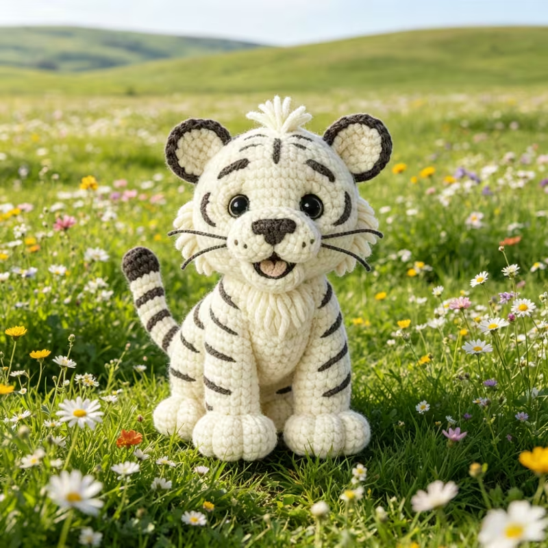 1pc Cute White Tiger Crochet Kit for Beginners, Complete Amigurumi Tiger Plush Doll Craft Set with All Materials, Yarn, Tools & Step-by-Step Instructions, Handmade Knitted White Tiger Cub, Perfect Gift for Kids, Animal Lovers, Home Decor