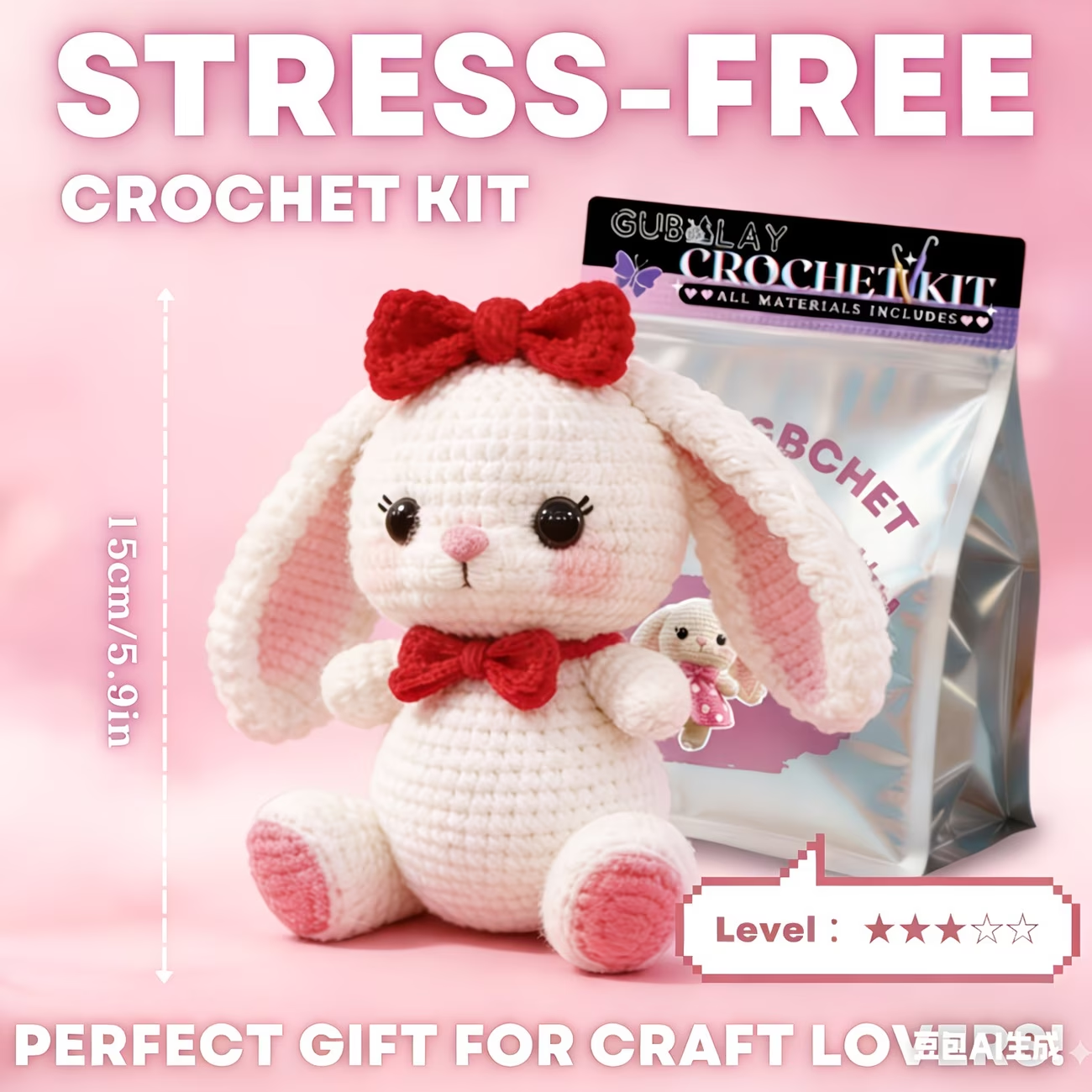 Red Bow Bunny Crochet Plush Kit for Beginners | DIY Amigurumi Stuffed Animal Set with Yarn, Hook & Step-by-Step Tutorial | Sweet Handmade Gift for Rabbit Lovers-Hookcrafted