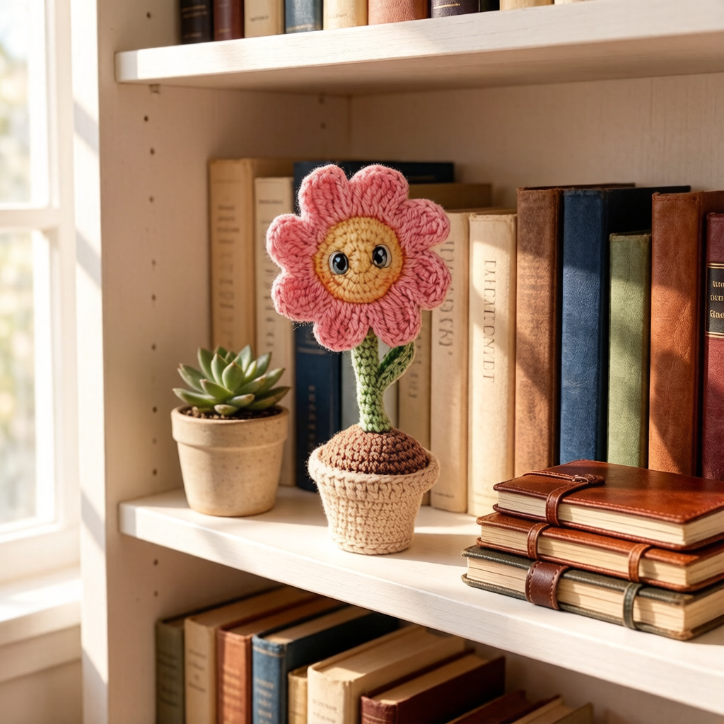 Beginner Friendly Crochet Kit, Cute Potted Smiley Pink Flower Amigurumi Crochet Starter Kit with Yarn, Hook, Needle & Accessories, Complete DIY Craft Set with Tutorial for Adults & Kids, Perfect Home Decor & Handmade Gift-Hookcrafted