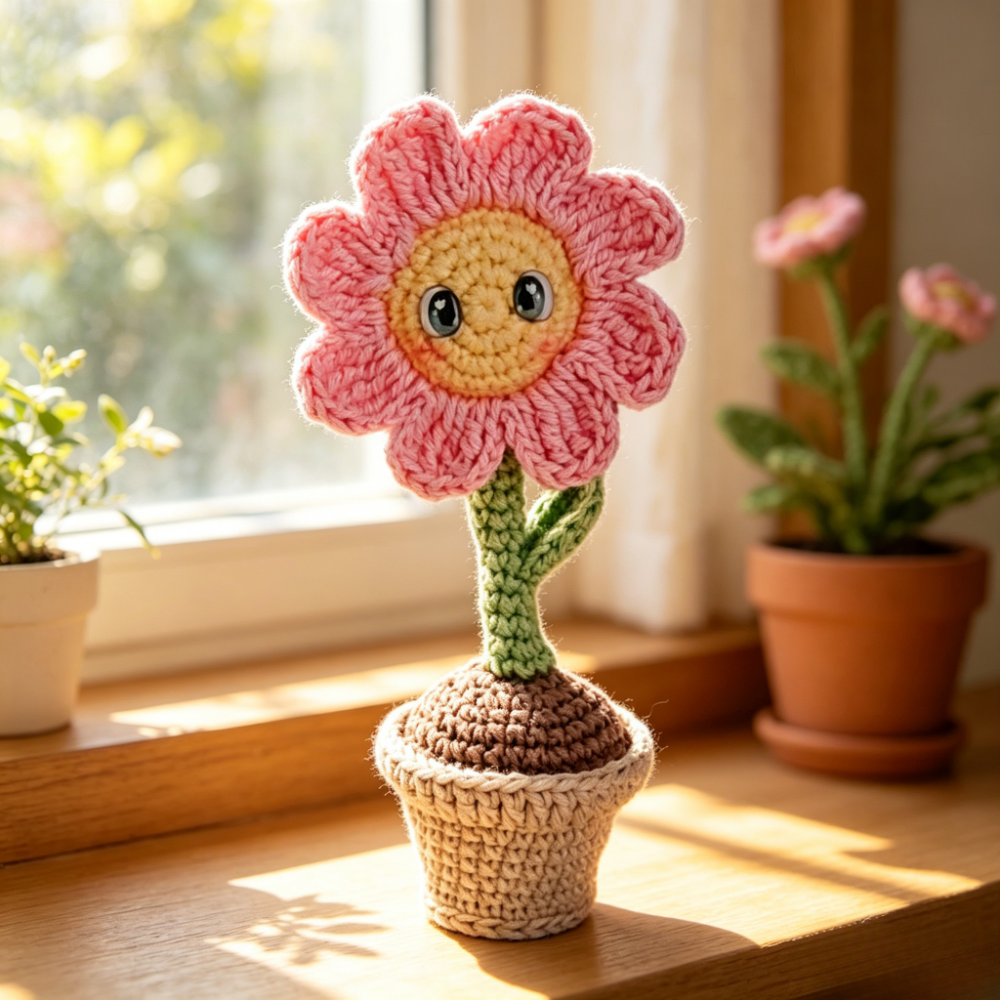 Beginner Friendly Crochet Kit, Cute Potted Smiley Pink Flower Amigurumi Crochet Starter Kit with Yarn, Hook, Needle & Accessories, Complete DIY Craft Set with Tutorial for Adults & Kids, Perfect Home Decor & Handmade Gift-Hookcrafted