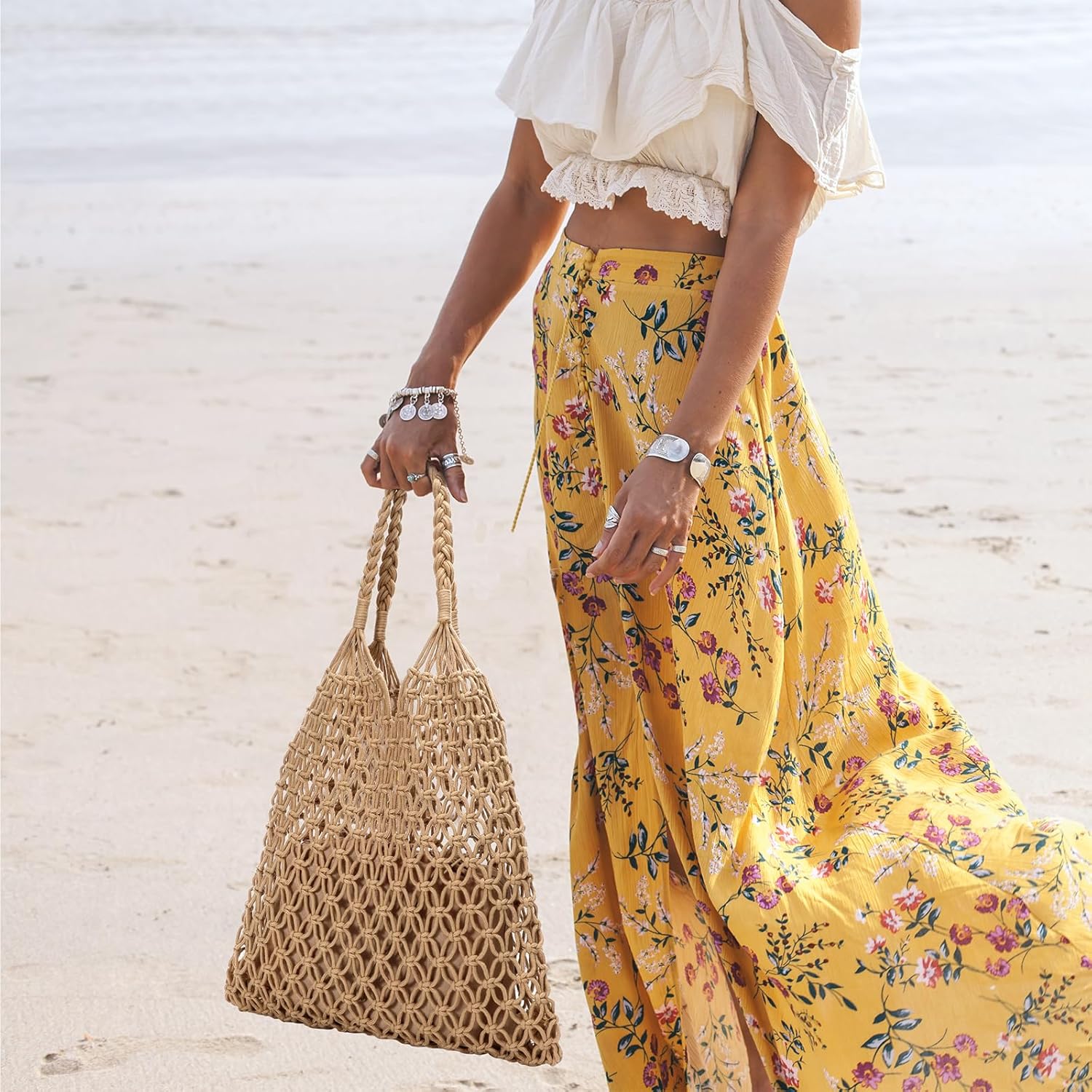 Crochet Beach Bags for Women - Women Beach Handmade Tote Bag, Summer Mesh Hollow Shoulder Bag for Holiday Market