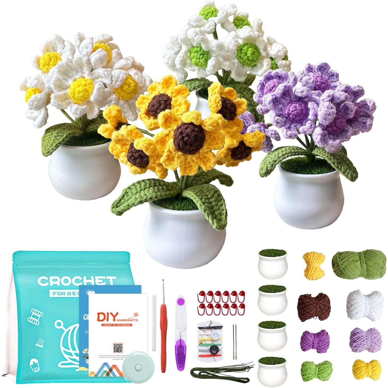 Flower Crochet Kit for Beginners | DIY Daisy Amigurumi Set with Yarn, Hook & Step-by-Step Video Tutorial | 4PCS Cute Flower Series Hookcrafted