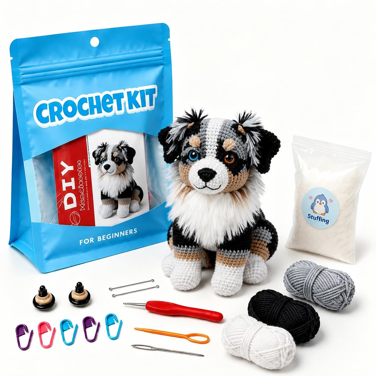 Beginner Crochet Kit for Adults & Teens, Australian Shepherd Dog Amigurumi Crochet Kit, Complete DIY Craft Supplies with Instructions, Cute Puppy Animal Starter Kit, Handmade Gift for Crochet Lovers