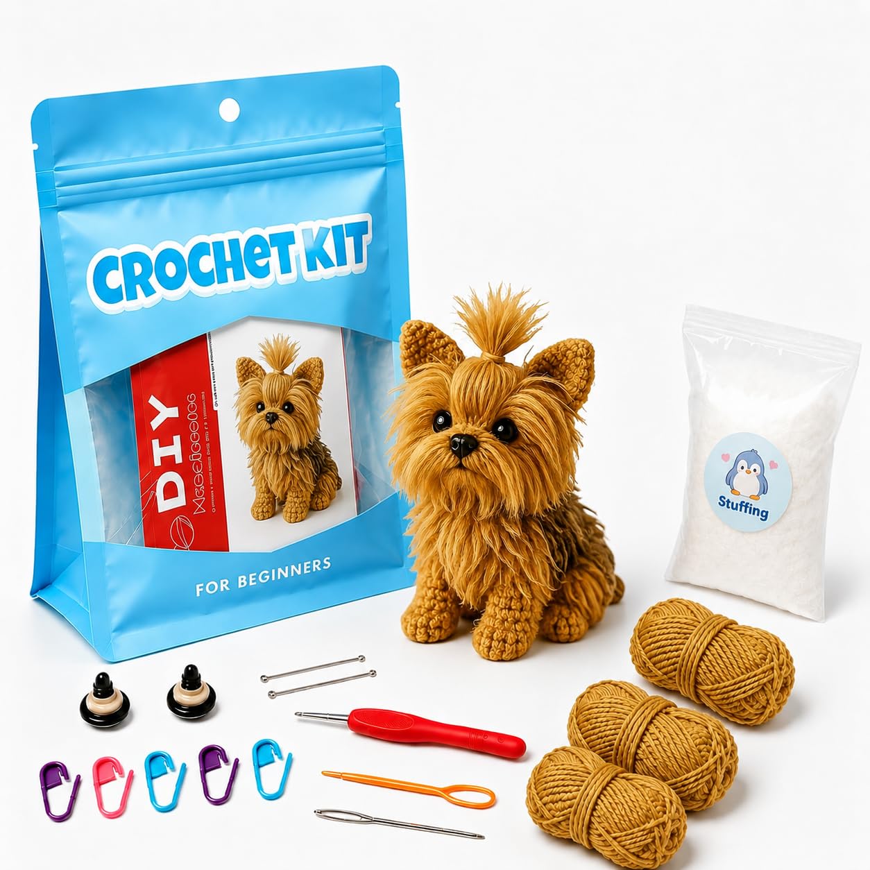 Golden Yorkie Crochet Kit – Beginner DIY Amigurumi Set with Yarn, Hook & Video Tutorial