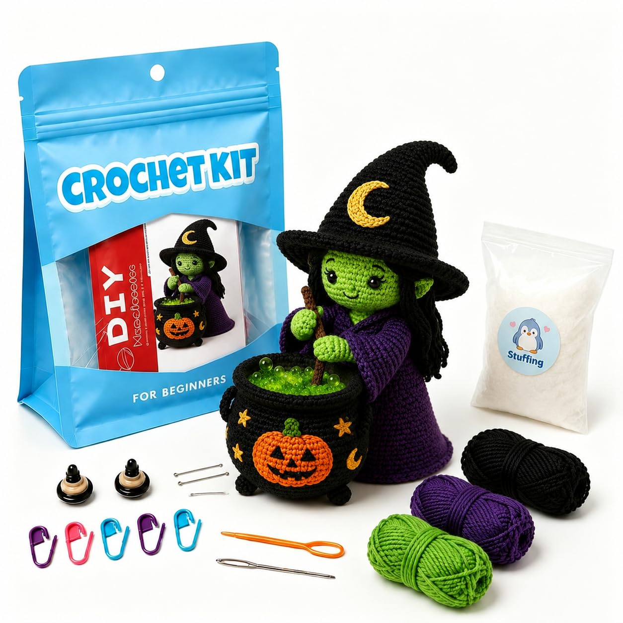 Halloween Witch with Cauldron Amigurumi Crochet Kit for Beginners, Complete DIY Craft Supplies with Instructions, Green Witch Pumpkin Pot Crochet Starter Kit, Handmade Halloween Table Decor Gift-Hookcrafted