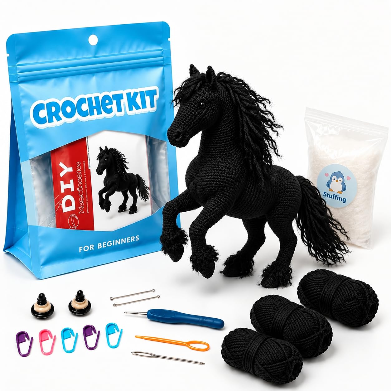 Black Friesian Horse Amigurumi Crochet Kit for Beginners, Complete DIY Craft Supplies with Instructions, Galloping Long Mane Animal Crochet Starter Kit, Handmade Decor Gift for Horse Lovers-Hookcrafted