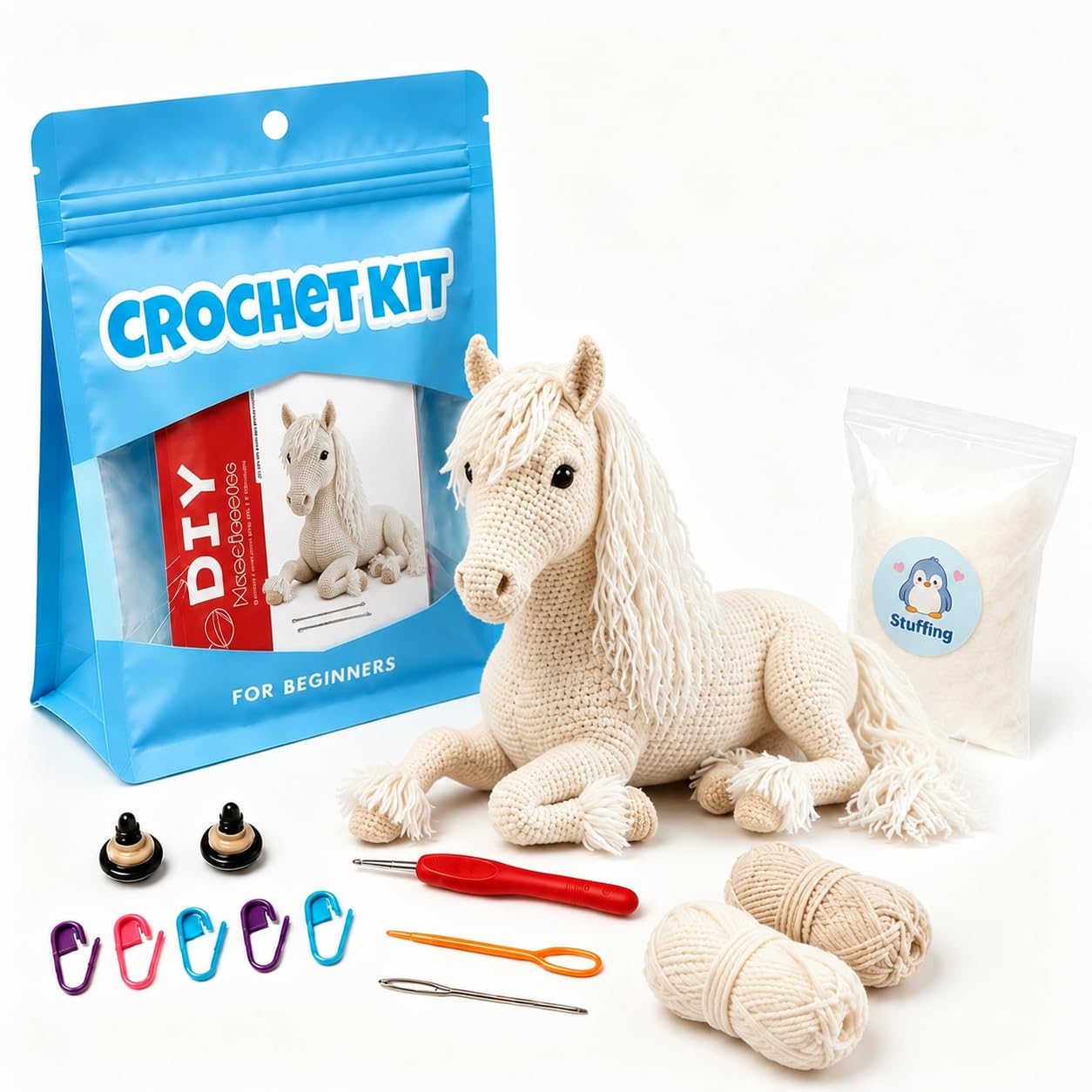 Hookcrafted White Horse Amigurumi Crochet Kit for Beginners, Complete DIY Craft Supplies with Instructions, Long Mane Lying Horse Animal Crochet Starter Kit, Handmade Table Decor Gift-Hookcrafted