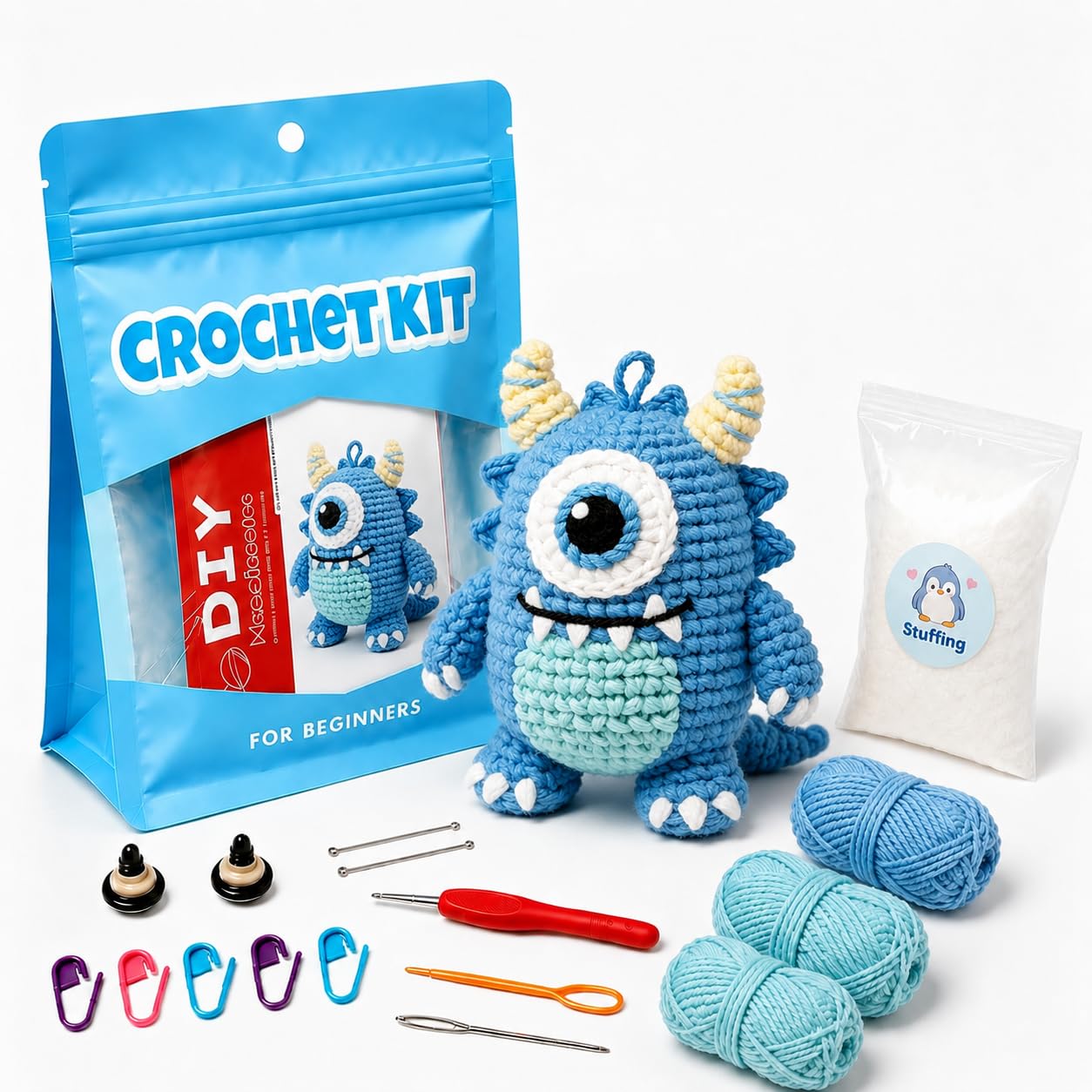 Hookcrafted One Eyed Blue Monster Amigurumi Crochet Kit for Beginners, Complete DIY Craft Supplies with Instructions, Cute Horned Monster Animal Crochet Starter Kit, Handmade Desk Decor Gift-Hookcrafted