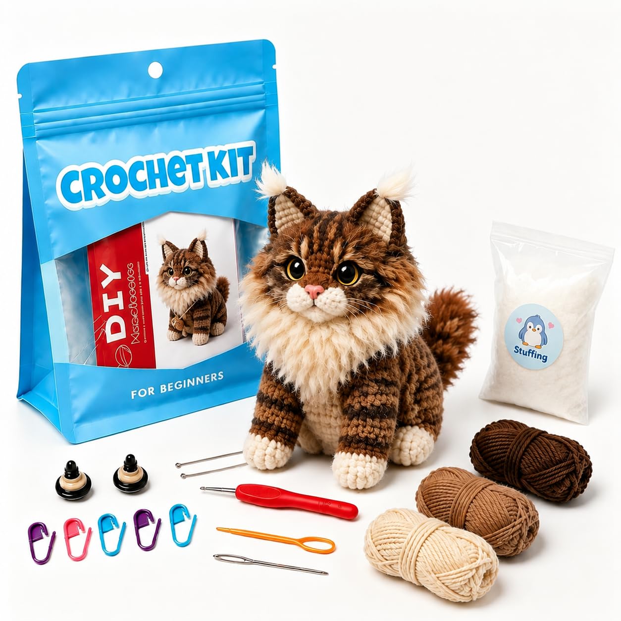 Hookcrafted Maine Coon Cat Amigurumi Crochet Kit for Beginners, Complete DIY Craft Supplies with Instructions, Fluffy Longhair Kitten Animal Crochet Starter Kit, Handmade Decor Gift for Cat Lovers