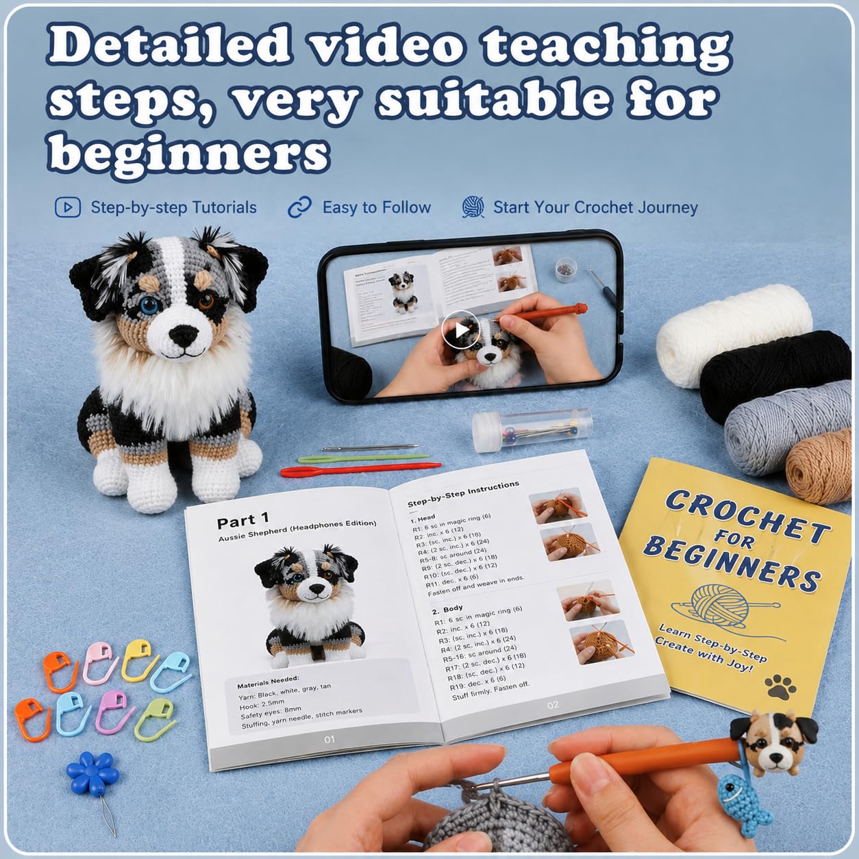 Beginner Crochet Kit for Adults & Teens, Australian Shepherd Dog Amigurumi Crochet Kit, Complete DIY Craft Supplies with Instructions, Cute Puppy Animal Starter Kit, Handmade Gift for Crochet Lovers