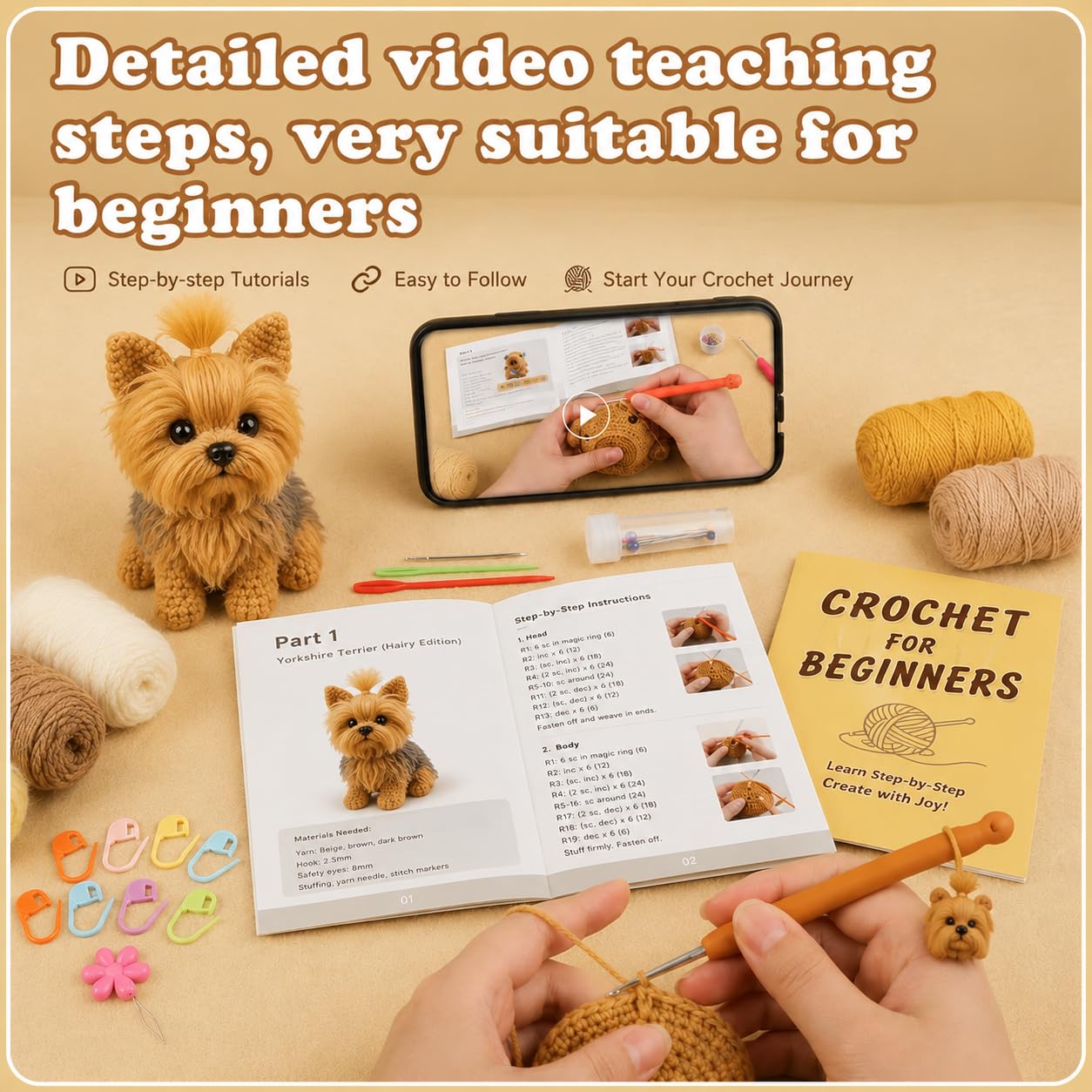Golden Yorkie Crochet Kit – Beginner DIY Amigurumi Set with Yarn, Hook & Video Tutorial