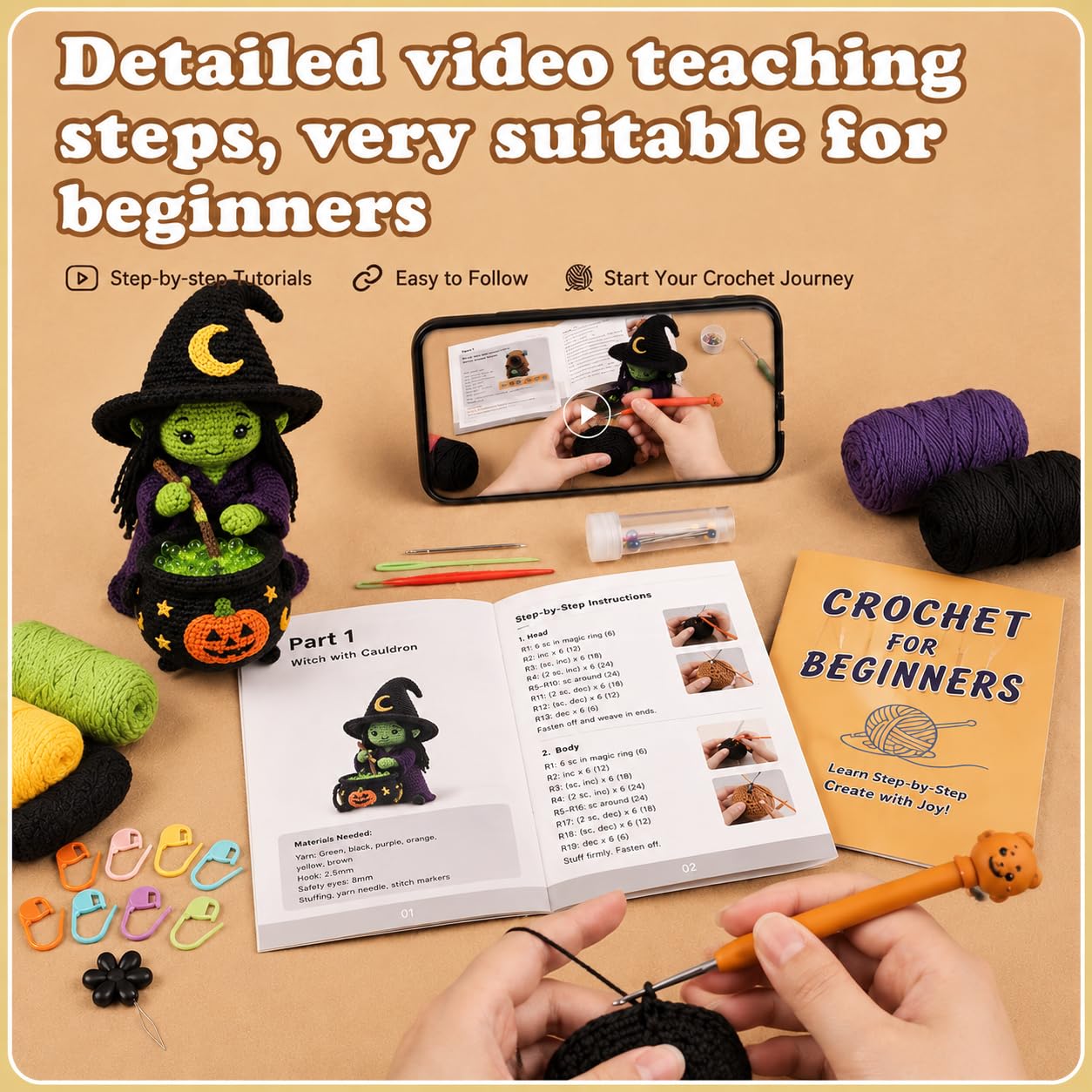 Halloween Witch with Cauldron Amigurumi Crochet Kit for Beginners, Complete DIY Craft Supplies with Instructions, Green Witch Pumpkin Pot Crochet Starter Kit, Handmade Halloween Table Decor Gift-Hookcrafted
