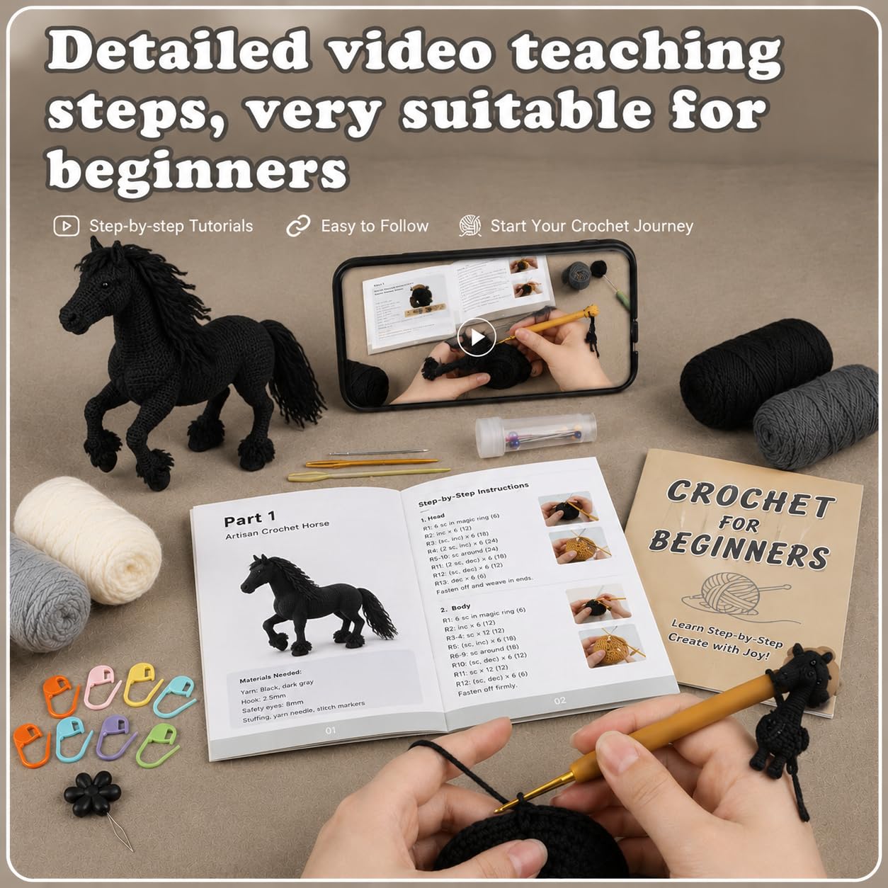 Black Friesian Horse Amigurumi Crochet Kit for Beginners, Complete DIY Craft Supplies with Instructions, Galloping Long Mane Animal Crochet Starter Kit, Handmade Decor Gift for Horse Lovers-Hookcrafted