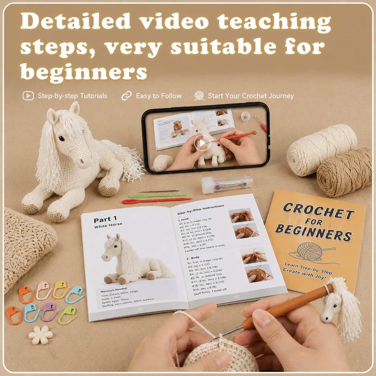 Hookcrafted White Horse Amigurumi Crochet Kit for Beginners, Complete DIY Craft Supplies with Instructions, Long Mane Lying Horse Animal Crochet Starter Kit, Handmade Table Decor Gift-Hookcrafted