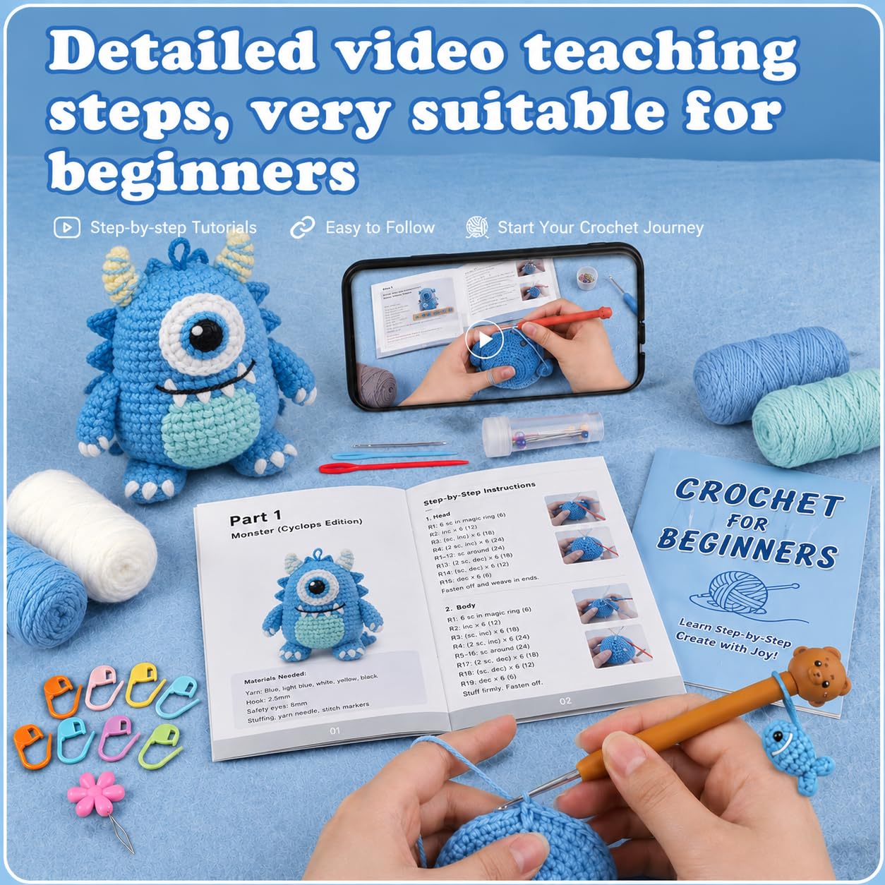 Hookcrafted One Eyed Blue Monster Amigurumi Crochet Kit for Beginners, Complete DIY Craft Supplies with Instructions, Cute Horned Monster Animal Crochet Starter Kit, Handmade Desk Decor Gift-Hookcrafted