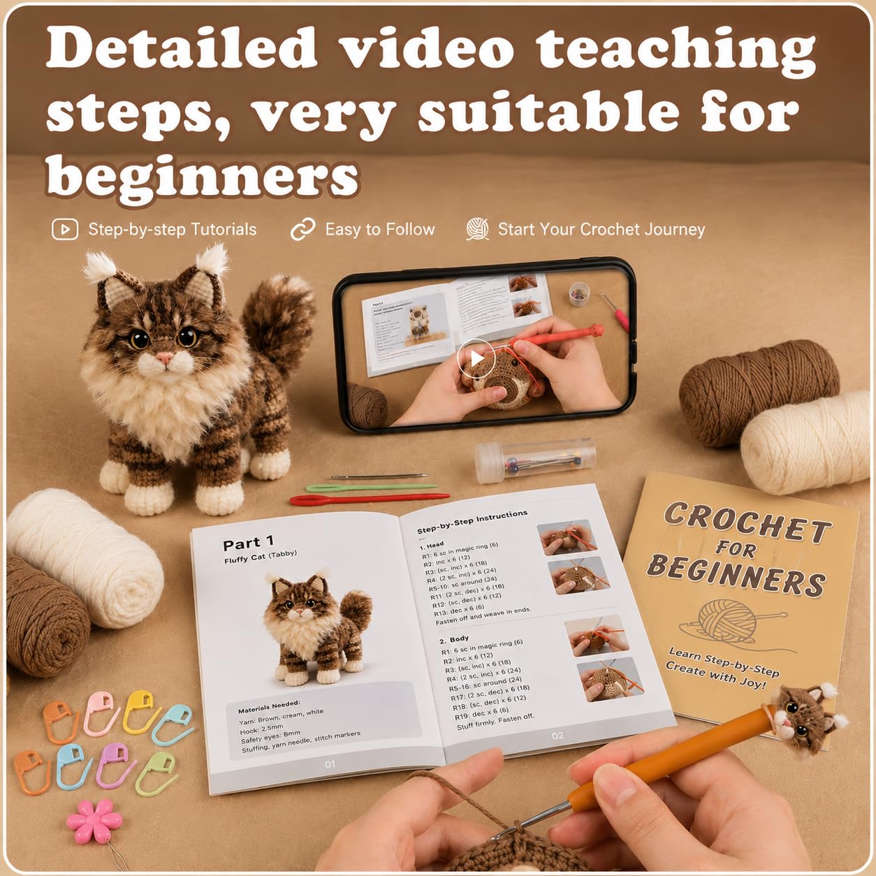 Hookcrafted Maine Coon Cat Amigurumi Crochet Kit for Beginners, Complete DIY Craft Supplies with Instructions, Fluffy Longhair Kitten Animal Crochet Starter Kit, Handmade Decor Gift for Cat Lovers