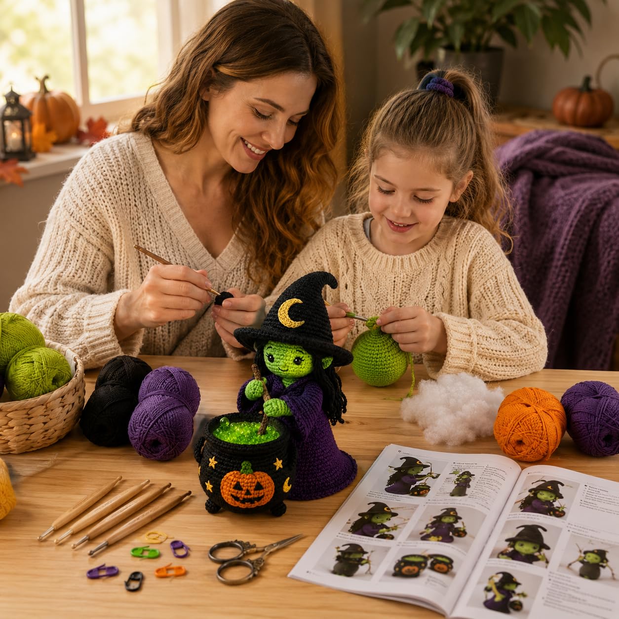 Halloween Witch with Cauldron Amigurumi Crochet Kit for Beginners, Complete DIY Craft Supplies with Instructions, Green Witch Pumpkin Pot Crochet Starter Kit, Handmade Halloween Table Decor Gift-Hookcrafted