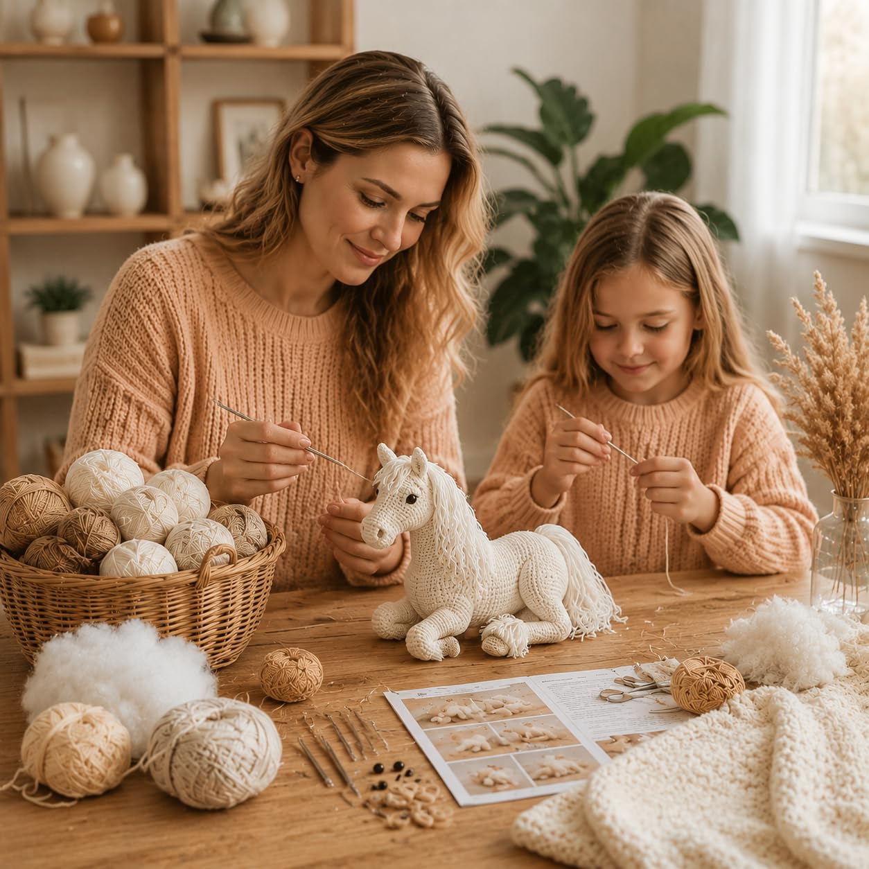 Hookcrafted White Horse Amigurumi Crochet Kit for Beginners, Complete DIY Craft Supplies with Instructions, Long Mane Lying Horse Animal Crochet Starter Kit, Handmade Table Decor Gift-Hookcrafted