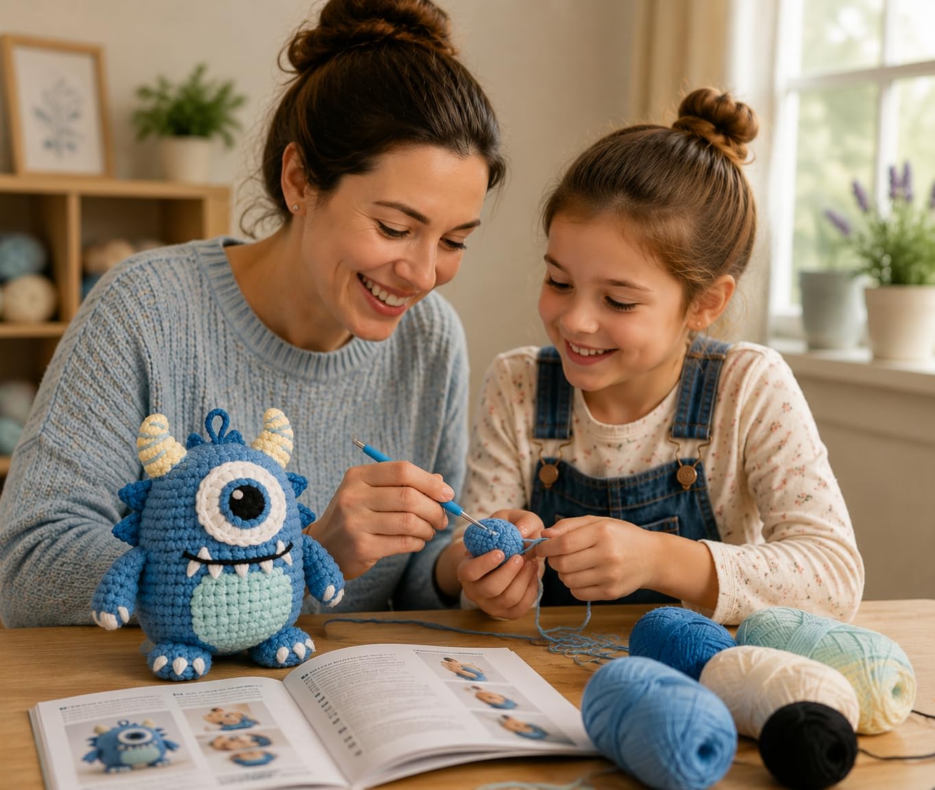 Hookcrafted One Eyed Blue Monster Amigurumi Crochet Kit for Beginners, Complete DIY Craft Supplies with Instructions, Cute Horned Monster Animal Crochet Starter Kit, Handmade Desk Decor Gift-Hookcrafted
