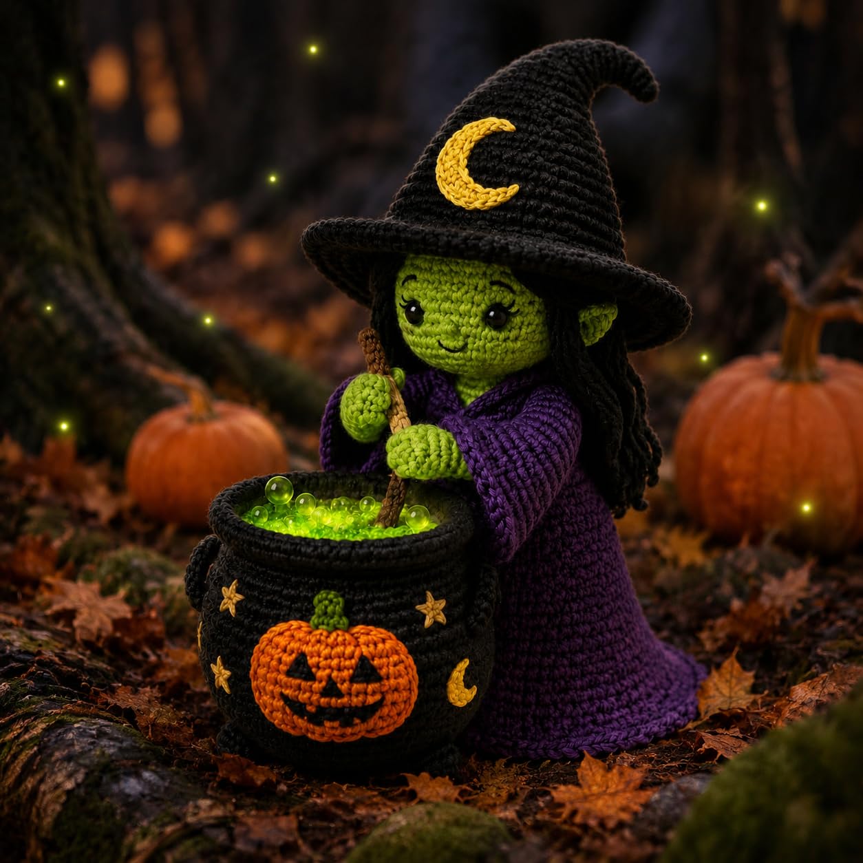 Halloween Witch with Cauldron Amigurumi Crochet Kit for Beginners, Complete DIY Craft Supplies with Instructions, Green Witch Pumpkin Pot Crochet Starter Kit, Handmade Halloween Table Decor Gift-Hookcrafted