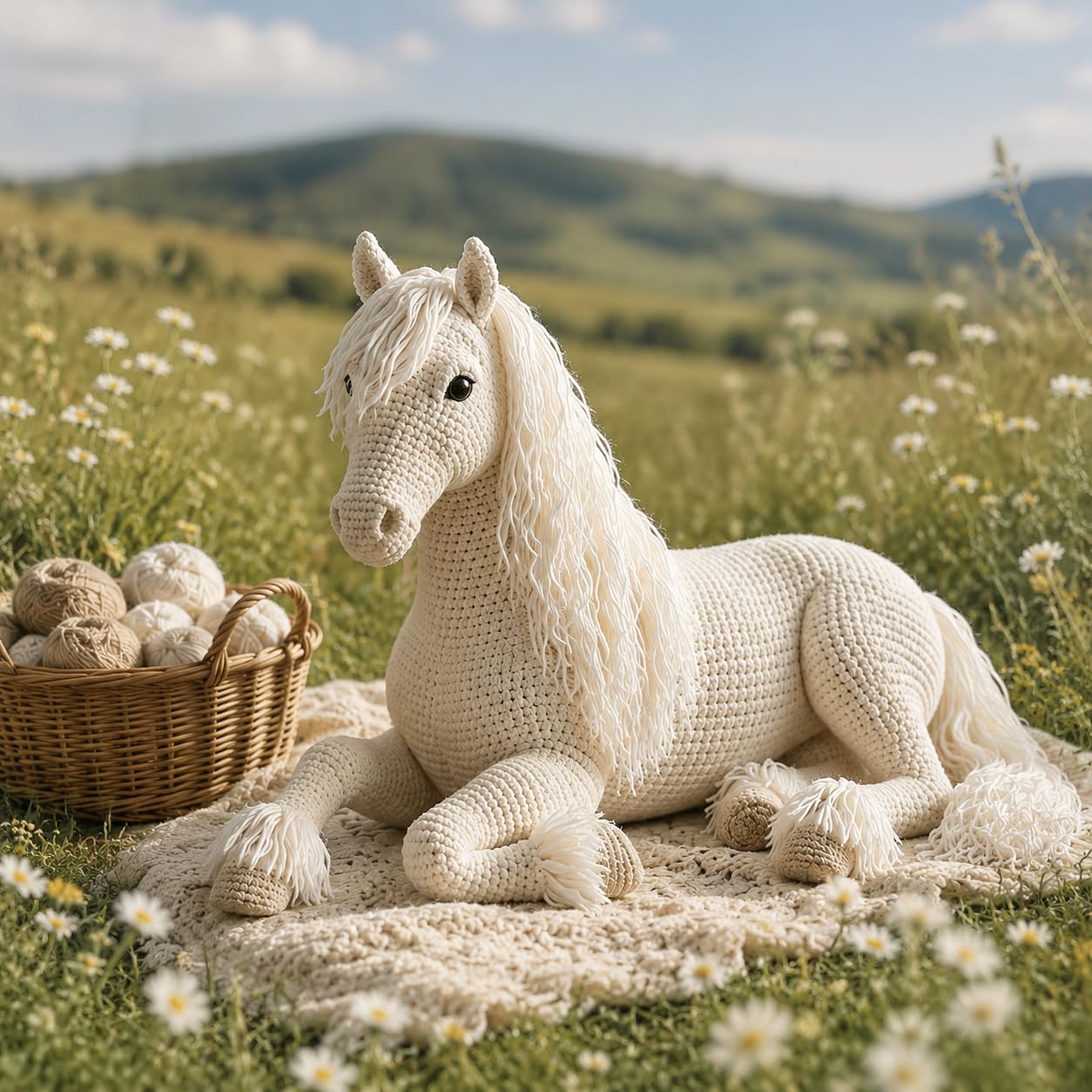 Hookcrafted White Horse Amigurumi Crochet Kit for Beginners, Complete DIY Craft Supplies with Instructions, Long Mane Lying Horse Animal Crochet Starter Kit, Handmade Table Decor Gift-Hookcrafted