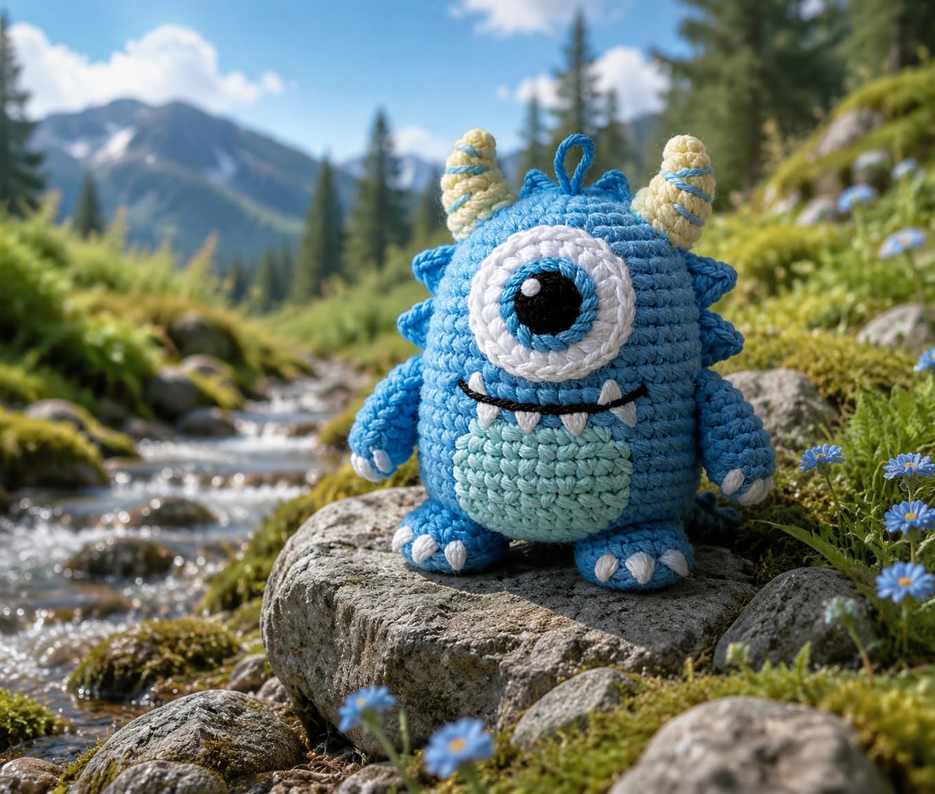 Hookcrafted One Eyed Blue Monster Amigurumi Crochet Kit for Beginners, Complete DIY Craft Supplies with Instructions, Cute Horned Monster Animal Crochet Starter Kit, Handmade Desk Decor Gift-Hookcrafted