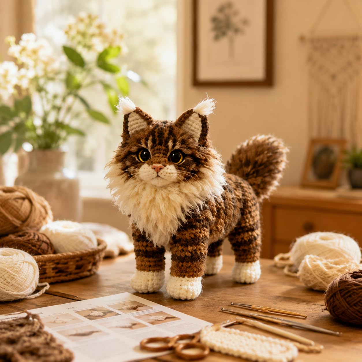 Hookcrafted Maine Coon Cat Amigurumi Crochet Kit for Beginners, Complete DIY Craft Supplies with Instructions, Fluffy Longhair Kitten Animal Crochet Starter Kit, Handmade Decor Gift for Cat Lovers
